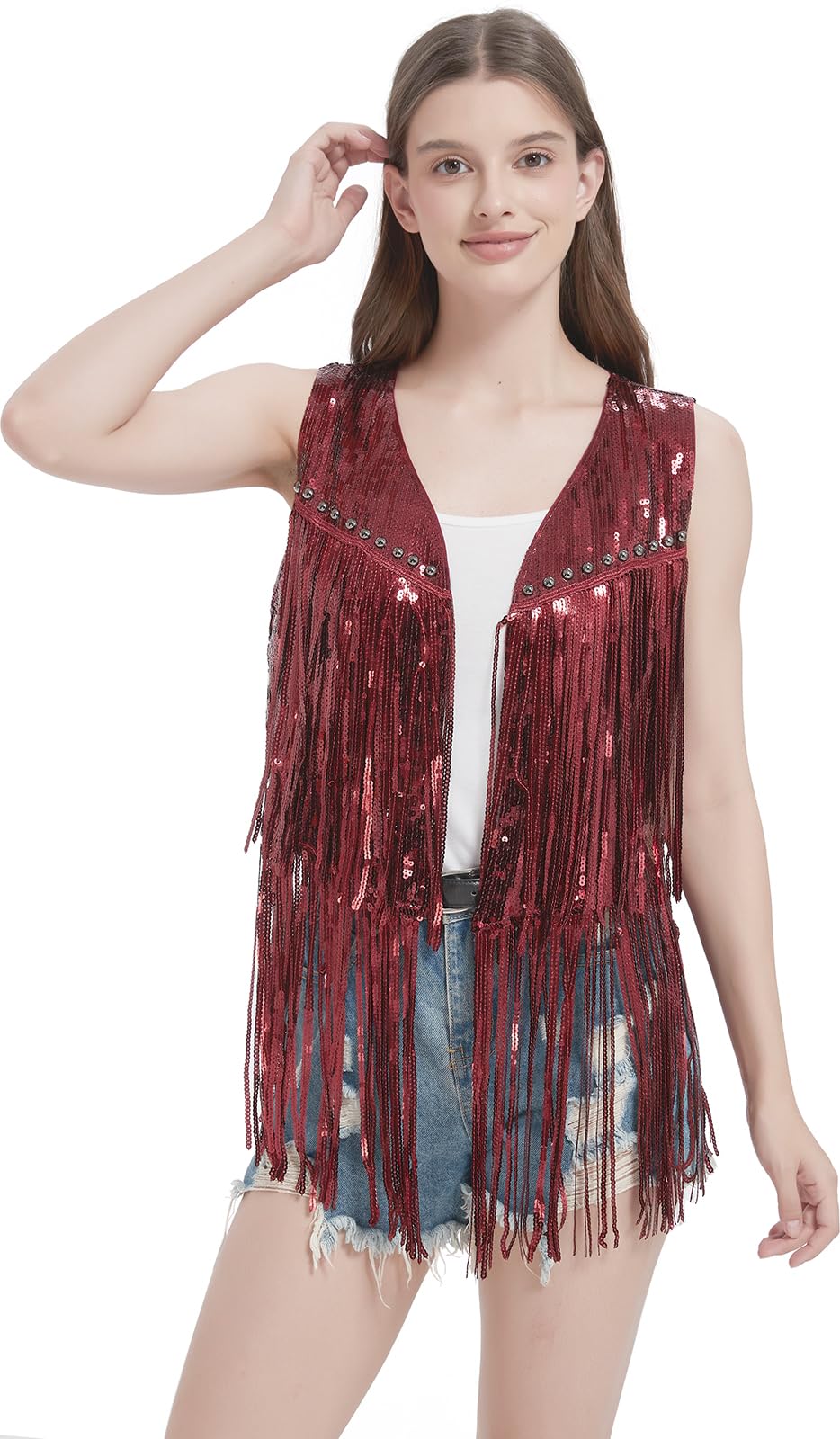 RZTA Sequin Fringe Vest - Sparkly Tassels Jacket Rivet Sleeveless Open Front Tops Glitter Party Cowgirl Concert Outfits, 01-wine, S
