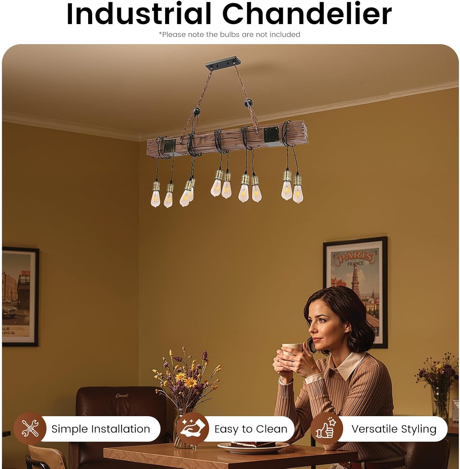 10-Lights Wood Hanging Light Lantern, Retro Rustic Pendant Light Farmhouse Chandelier Industrial Suspension Light for Dining Table, Vintage Kitchen, Bar, Island, Billiard