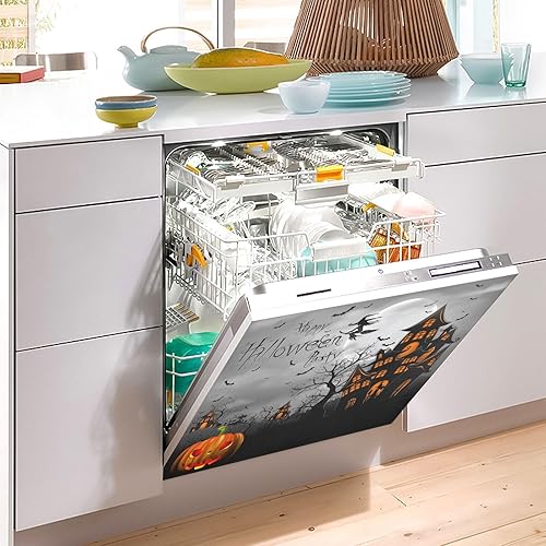 Miniatura 4 de Calcomanías magnéticas para lavavajillas con diseño de castillo espeluznante de Halloween, calabaza, bruja, murciélago negro, cocina, nevera,