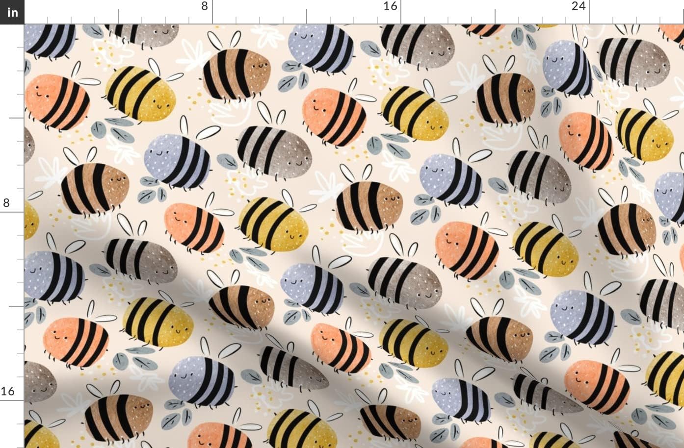 Spoonflower Fabric - Watercolor Bees Pattern Painted Children Nursery Neutral Pastel Bugs Printed on Organic Cotton Sateen Fabric by The Yard - Sewing Quilting Apparel Home Decor