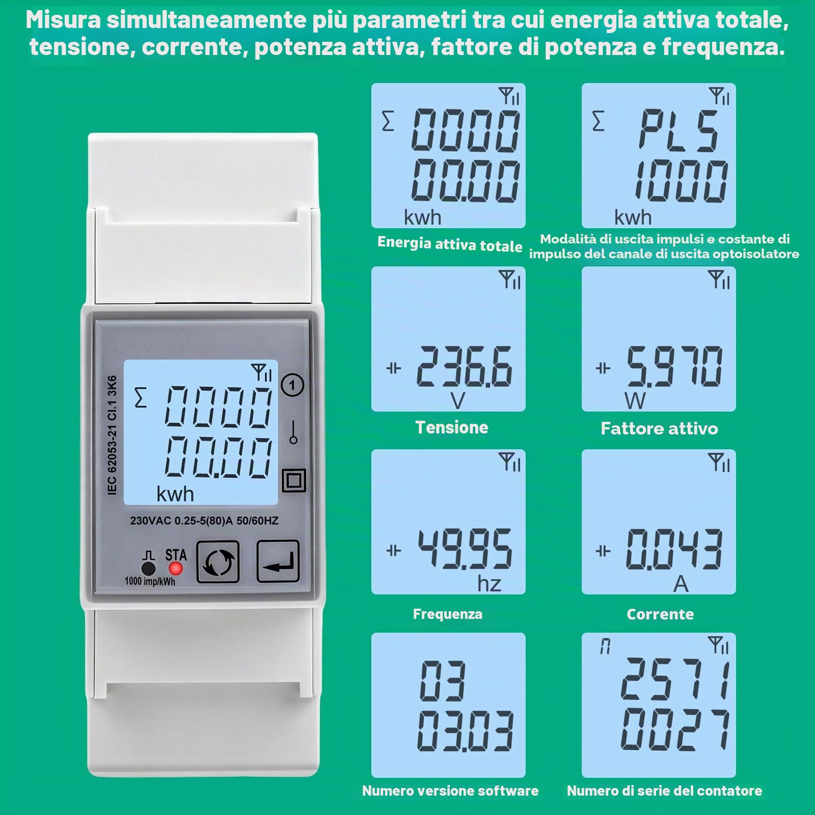 Contatore energia elettrica wifi 80A Tuya misuratore di consumo elettrico AC230V misuratore consumo elettrico monofase digitale LCD 1000 imp/kWh Protezione da sovratensione e sovracorrente DAC2120C