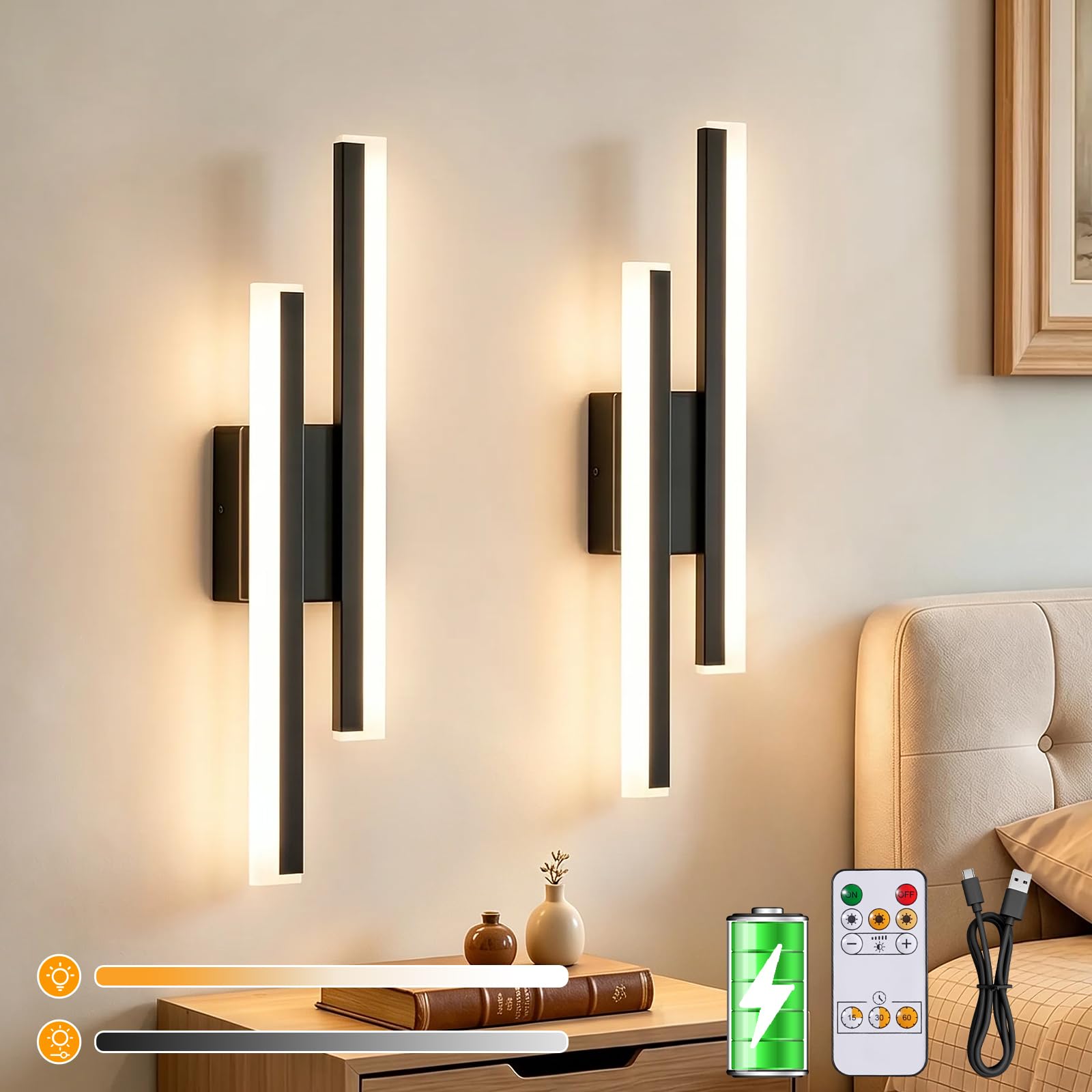 Dehobo Rechargeable Wall Lights Indoor Set of 2, Battery Operated Wall Light 50cm, 3 Color Temperatures Dimmable Wall Scone Modern, Acrylic 4400mAh Wireless Wall Lamp for Living Room, Bedroom, Black