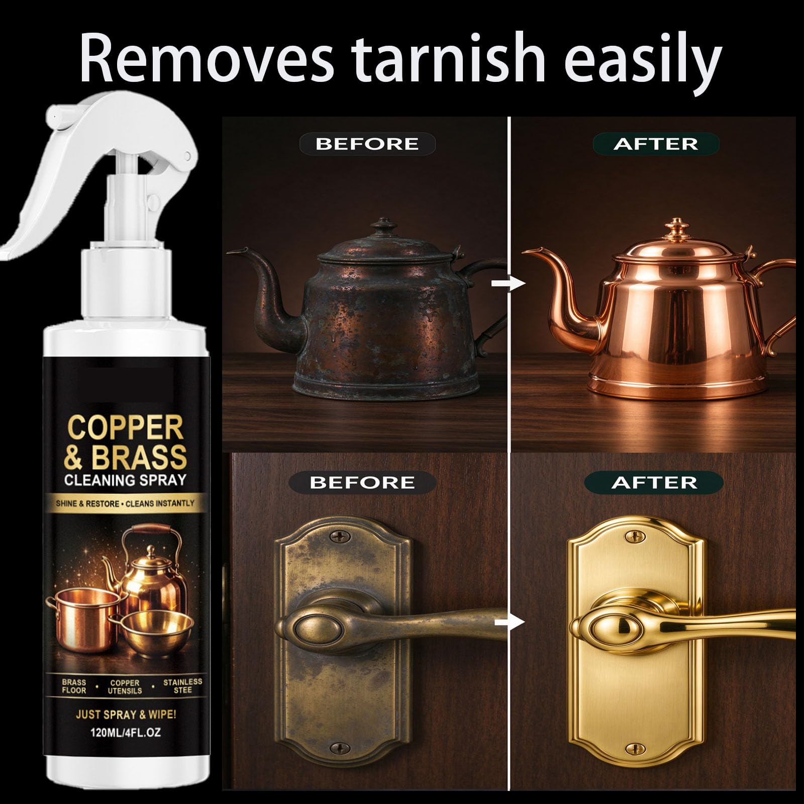 Spray Detergente Rame per Pentole e Padelle, Detergente Ottone e Rame e Lucidatura, Spray Antiruggine e Tarnish, Ripristina Brillantezza su Superfici Metalliche Opache Invecchiate, 120ml (8PCS)