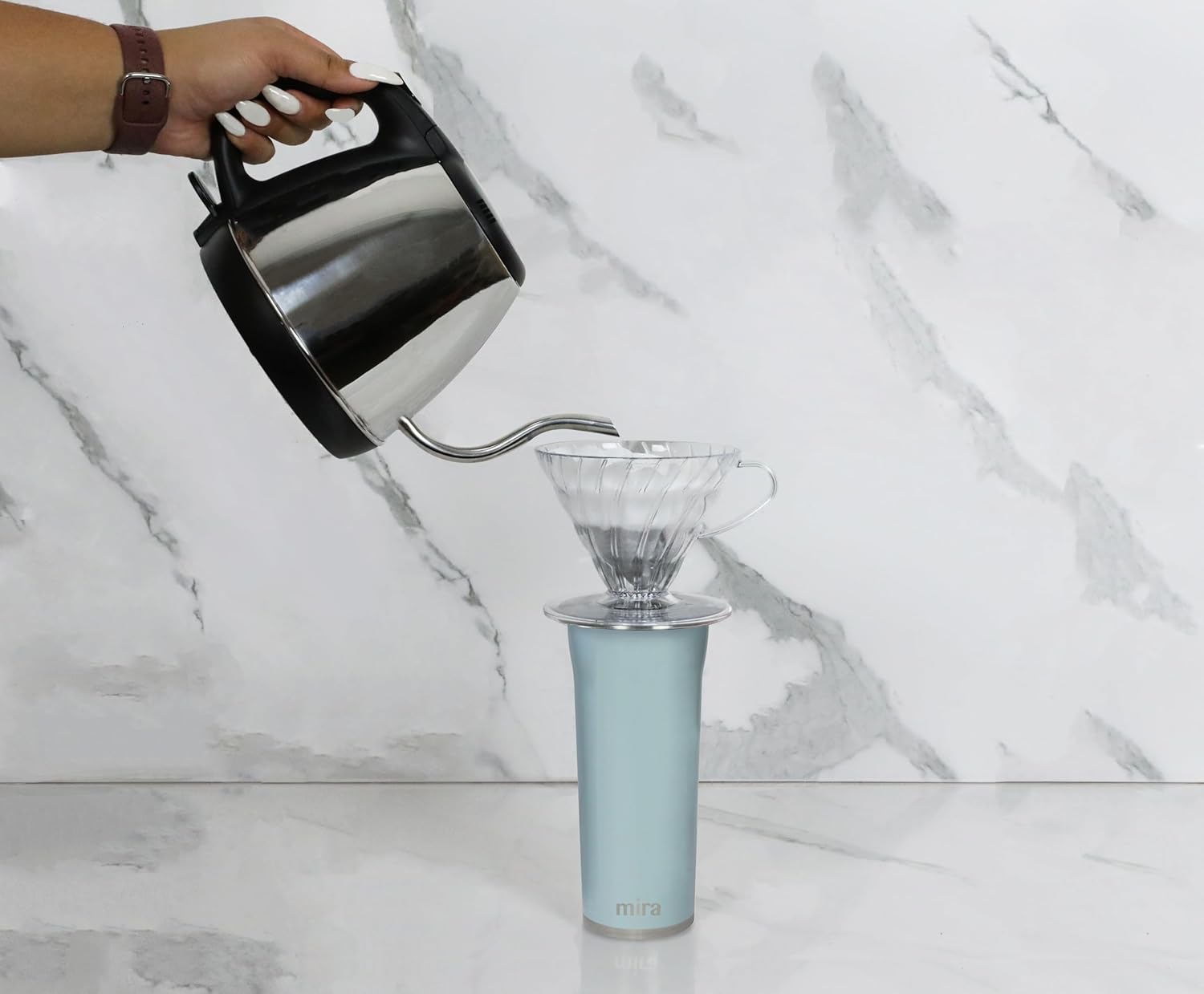 MIRA 16 oz Coffee Travel Mug - Stainless Steel Insulated Tumbler with Leak-Proof Lid - Hot & Cold Cup - Pearl Blue - Image 5