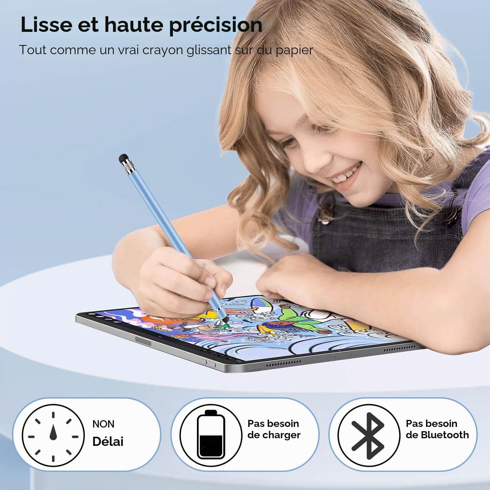 Stylet Tablette Universel 2 en 1 pour Écran Tactile, 4 Pièces avec 8 Embouts de Rechange pour Smartphones, Tablettes, Samsung Galaxy, iPad (Argent+Noir+Rose+Bleu)