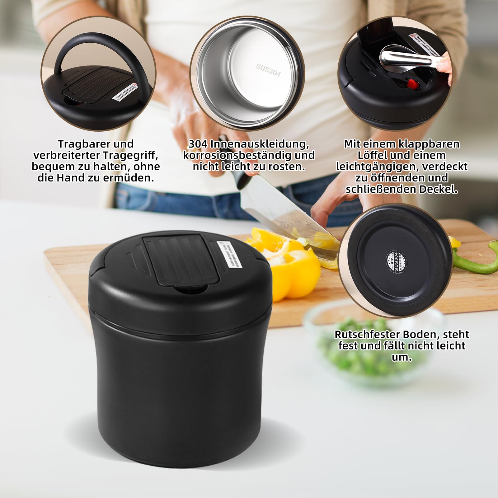 Thermobehälter für Essen, Thermobehälter Brotdose 1,2L Edelstahl Isolierter Behälterbehälter für Warmes Geschirr Thermoschüssel mit Deckel Thermo Lunchbox für Mahlzeiten,Suppe,Obst (Schwarz)