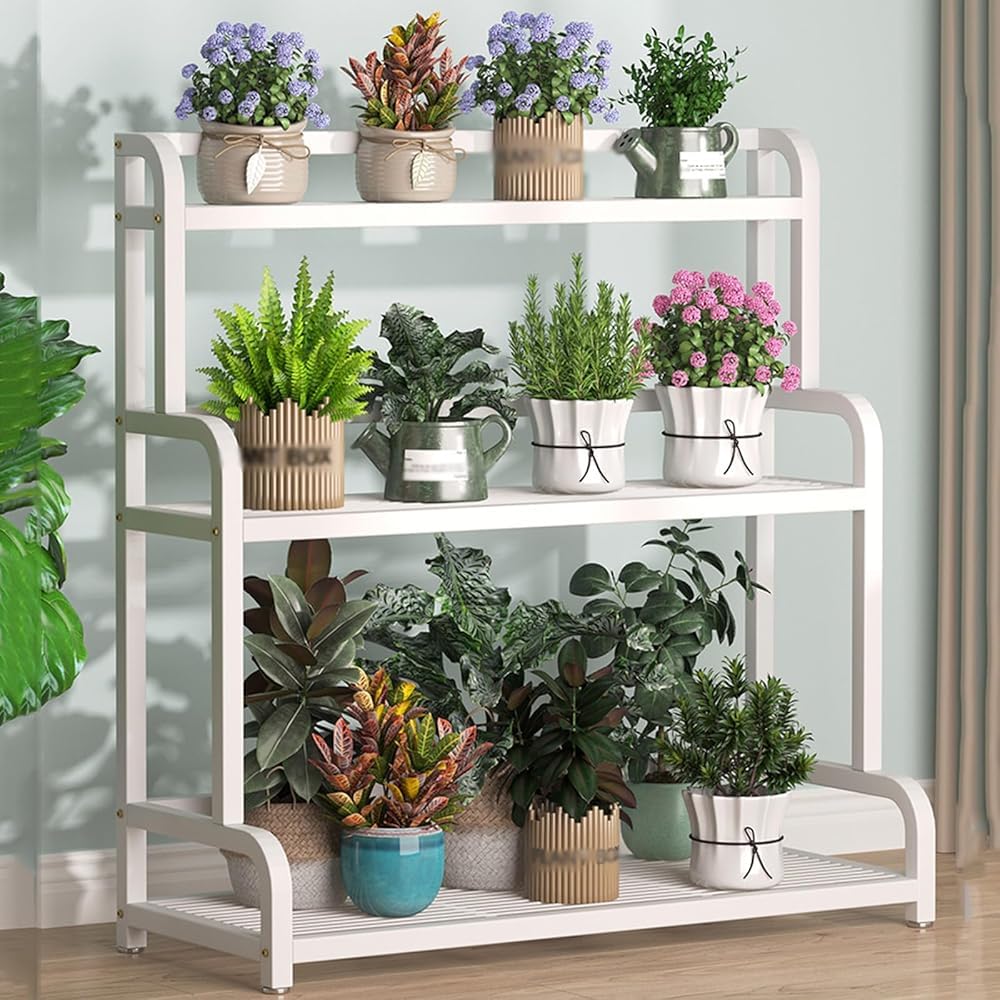 Supporto per piante a 3 livelli, supporto per fiori in metallo, autoportante, espositore multiplo, per balcone e giardino A (dimensioni: 100 x 40 x 102 cm, colore: bianco)