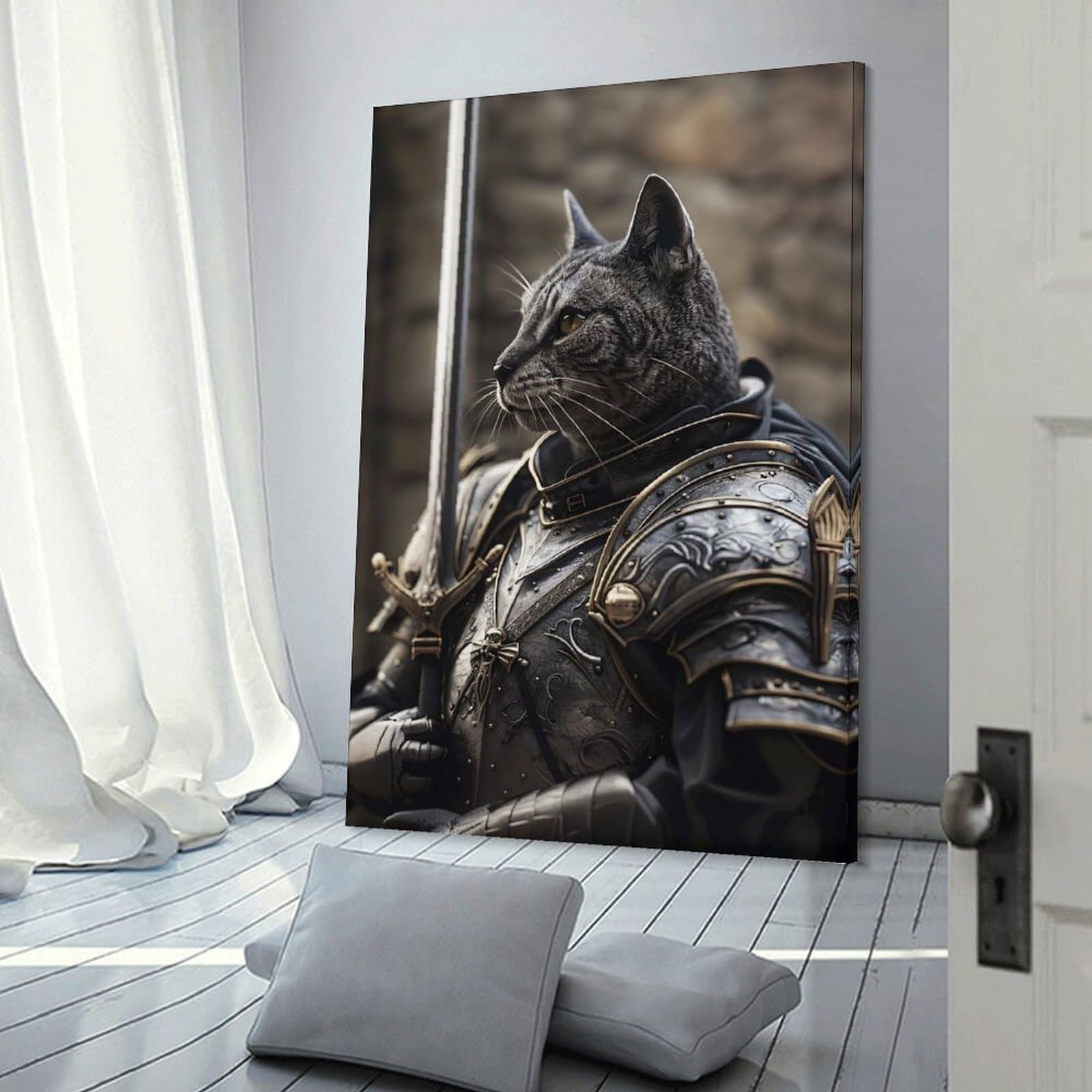 Junmoney Frame-Style-13 Cat Knight In Armor Canvas Art Print, 08X12inch(20X30cm), For Office Decor, Home Working Or Creative Rooms, A Smart Decor Choice For Study Walls