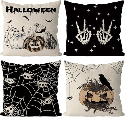 Miniatura 1 de GAGEC Fundas de almohada de Halloween de 18 x 18 pulgadas, juego de 4 fundas de almohada de manos de esqueleto, calabazas espeluznantes, vacaciones,