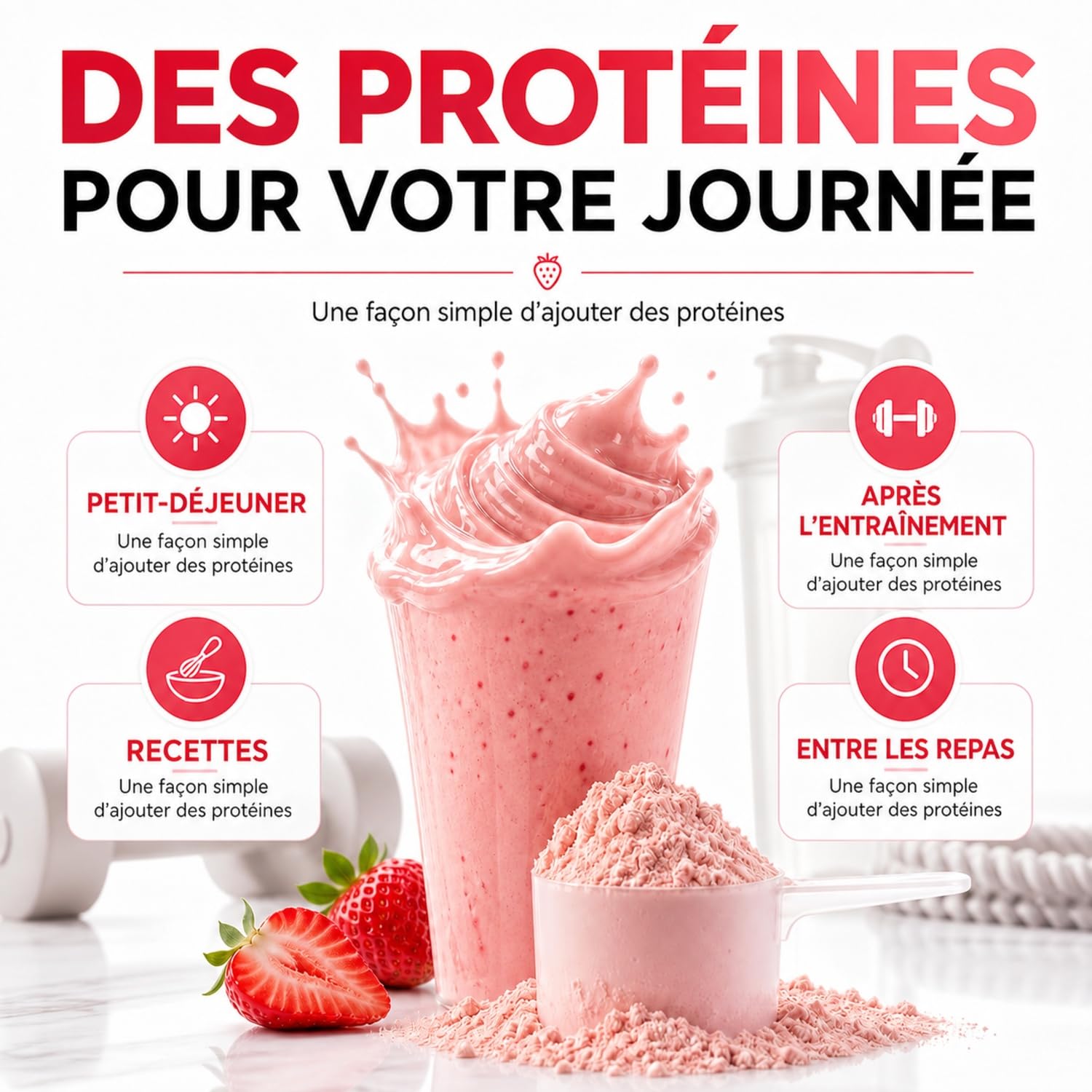 Whey protéine en poudre 1 kg, saveur yaourt fraise | 77% de protéines | Shake crémeux, faible en graisses et en sucres | Sans gluten | Pour l’entraînement quotidien