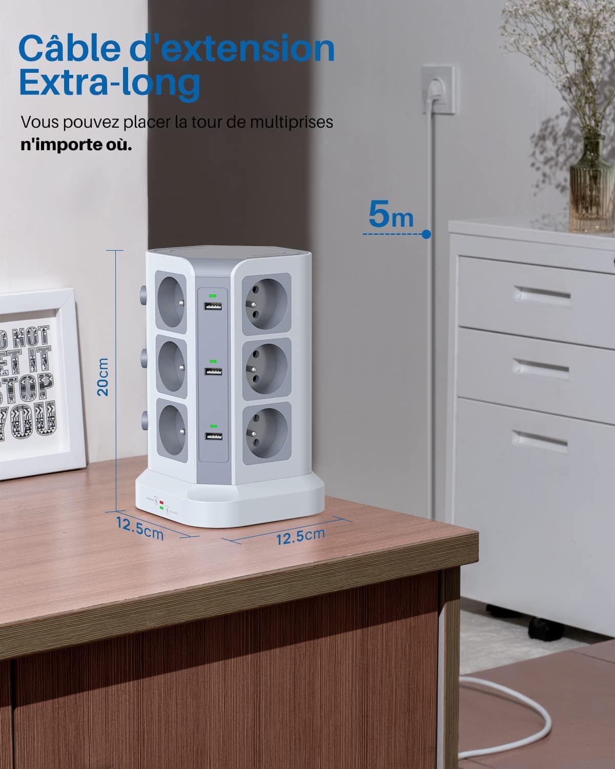 KOOSLA Frankreich Steckdosenleiste, 12 Fach, 6 USB, 5M, Schwarz | 12 Typ E Steckdosen, 6 USB, 4000W/16A, Überspannungsschutz, 5M Kabel, Frankreich