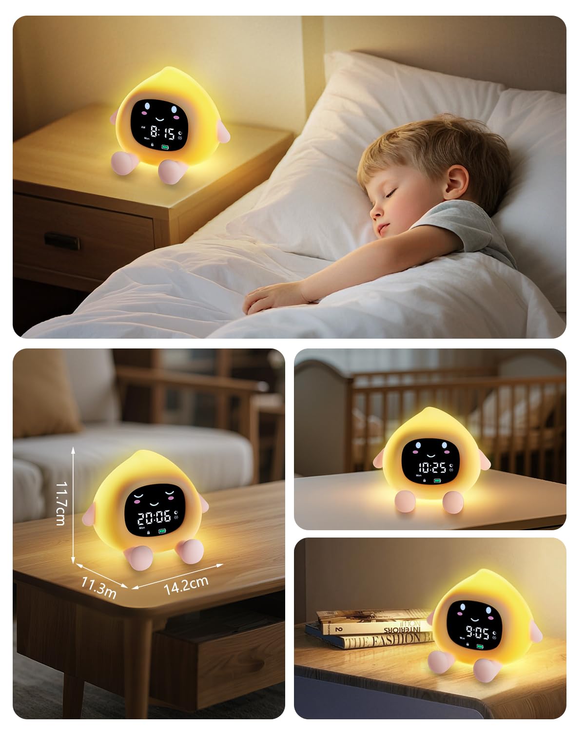 Kinderwecker, Niedlicher Wecker in Pfirsichform für Kinder, Schlaftrainer Kinder mit 9 RGB Farb Nachtlicht, 6 Beruhigende Klänge,Snooze-Funktion, Wake Up Lichtwecker für Mädchen und Jungen