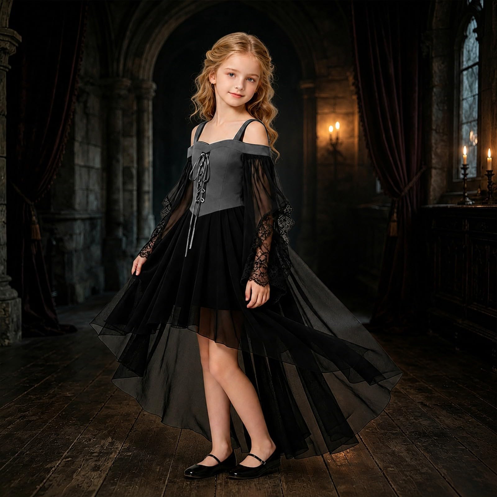 Vokuhila - Vestito medievale per Halloween, per bambine, gotico, cosplay | Vestito da principessa per bambini, a maniche lunghe, con spalle scoperte, in pizzo, stile vittoriano, vampiro, carnevale