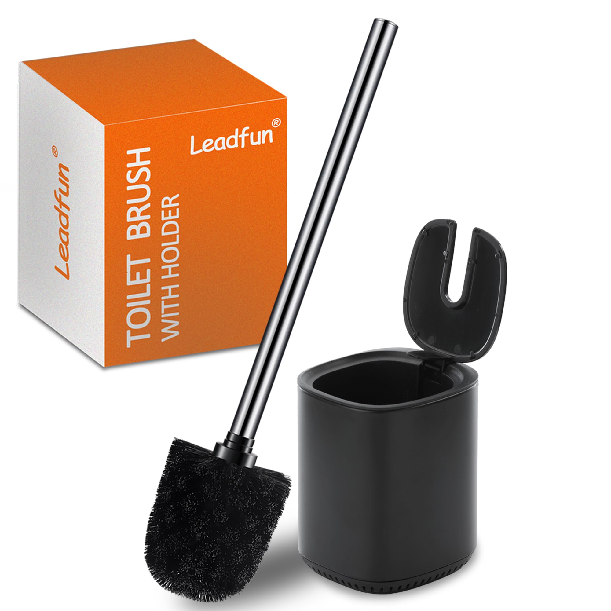 Leadfun Klobürste, WC Bürste mit Edelstahlstiel, Stehen Toilettenbürste Set, Automatisches Schließen Haltersatz (Schwarz)