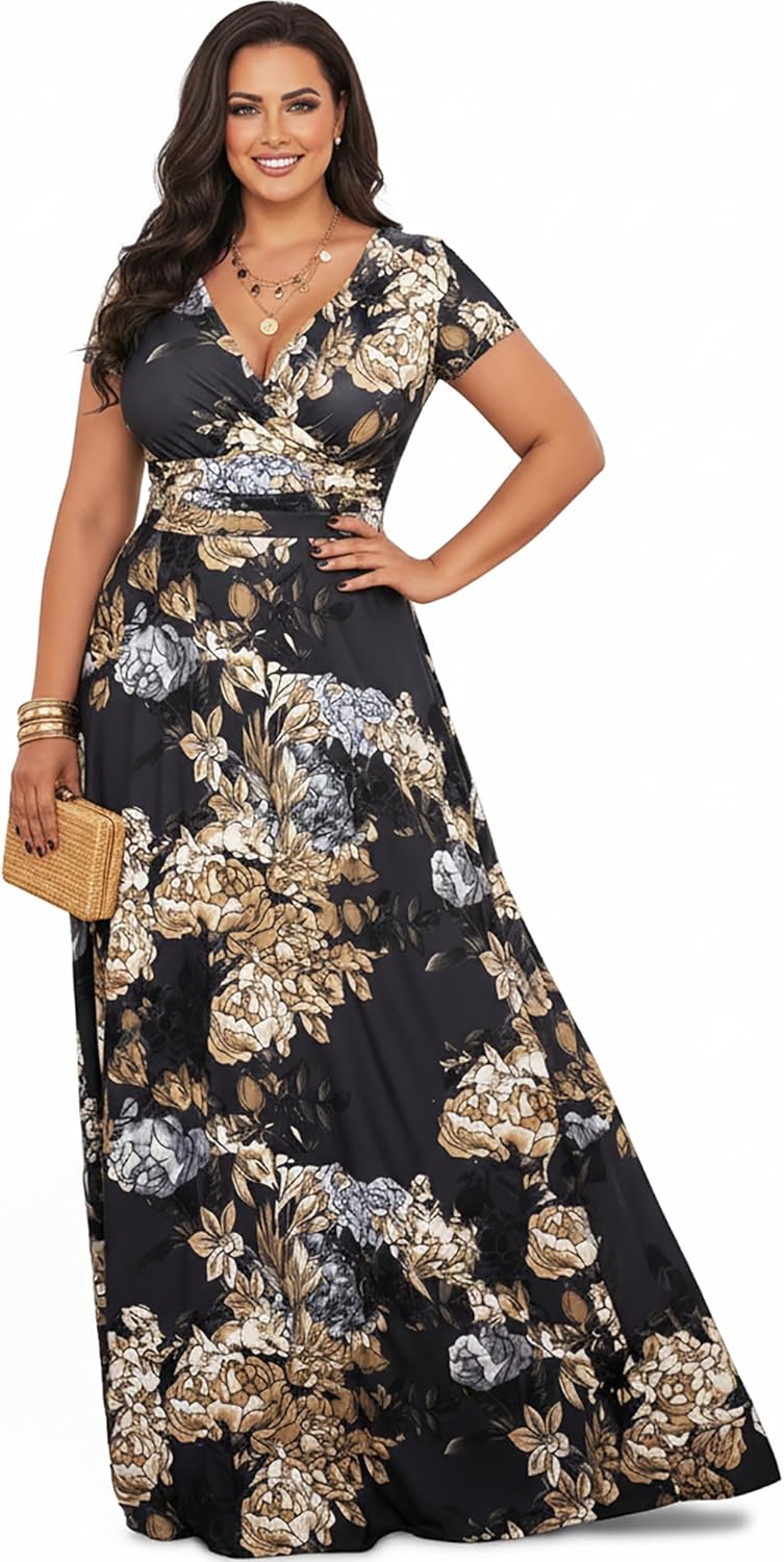 KOH KOH Womens Long Floral Print Cap Sleeve Modest Flowy Summer Maxi Dress Gown