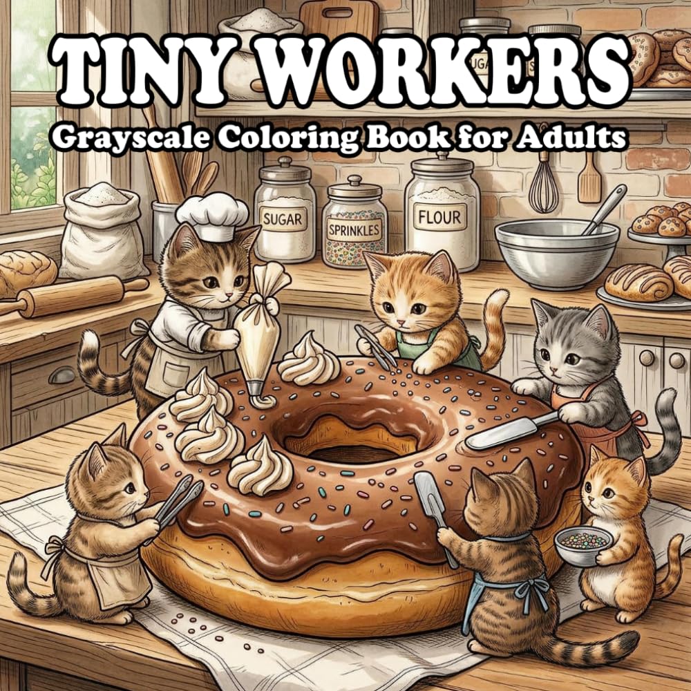 Tiny Workers Coloring Book: Cute Grayscale Coloring Pages of Tiny Animals Building Giant Cakes, Donuts & Candy Worlds