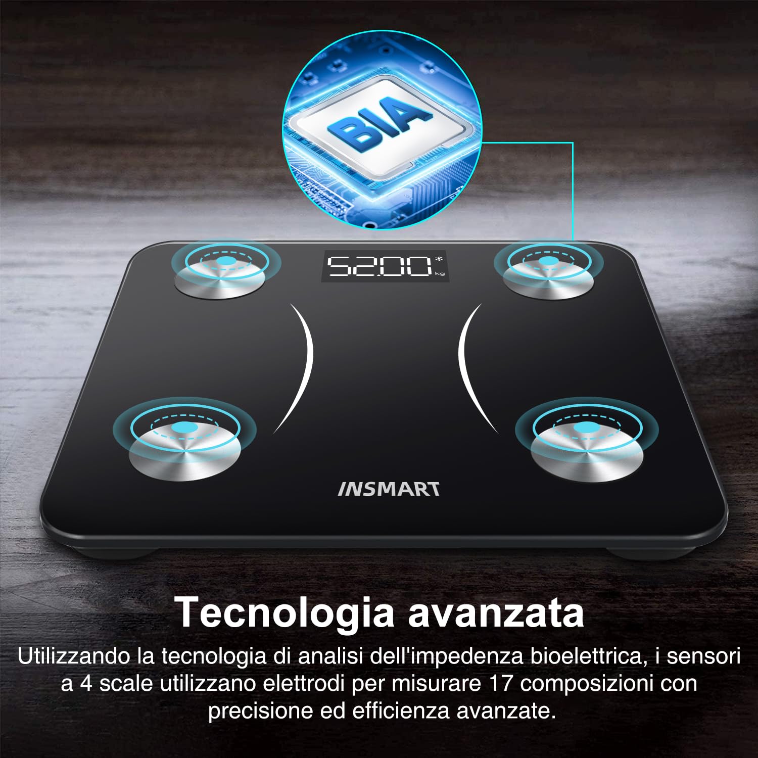 Bilancia Pesapersone Digitale Professionale, INSMART Bilancia Impedenziometrica Smart Bluetooth con 16 Indici di Misurazione Pesa Persone, Massa Grassa e Magra, BMI, Massa Muscolare o Ossea, 180KG