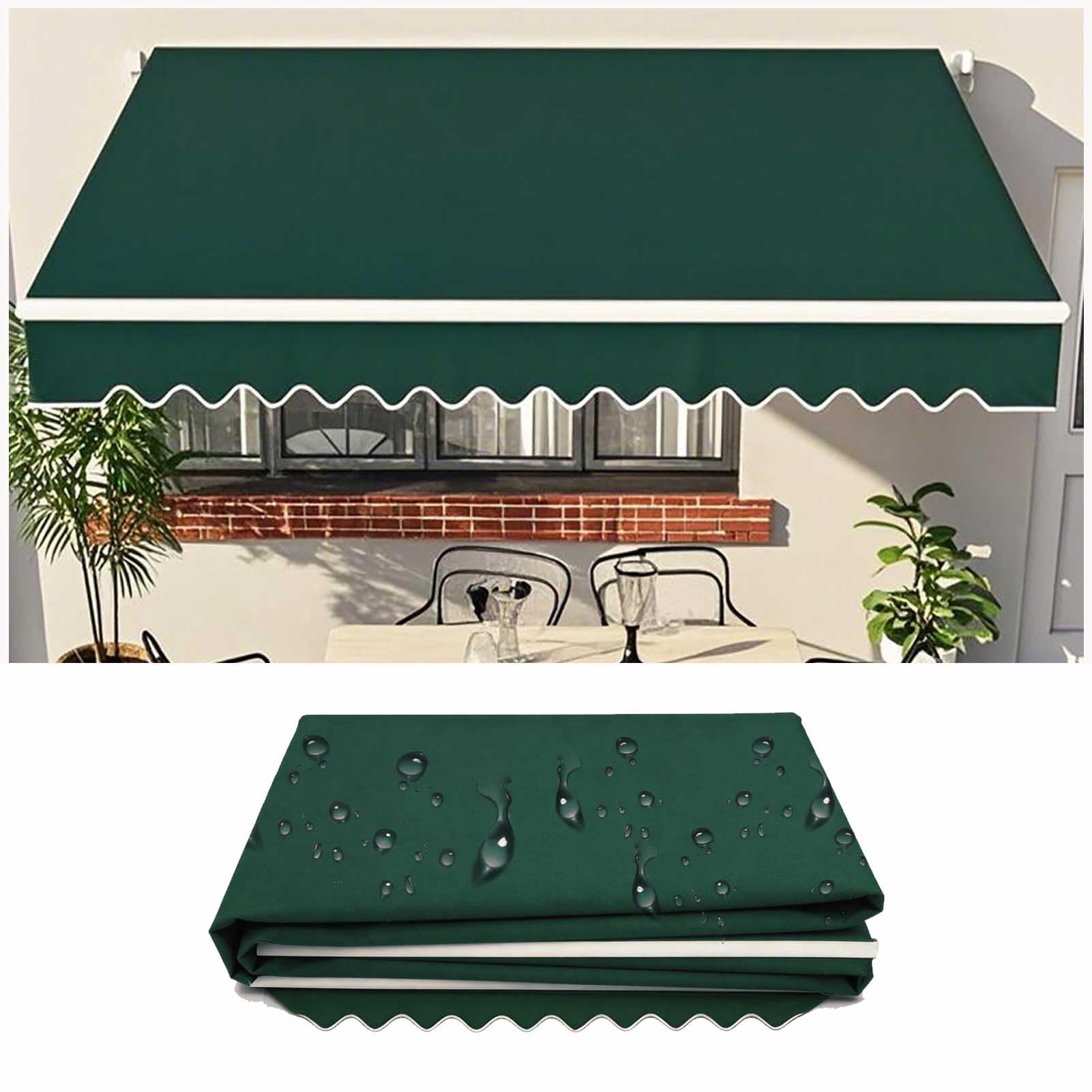 Manual Awning Replacement Fabric Retractable 2.5x5m Outdoor Patio Garden 100% Polyester Canopy, Cover, Sun Shade, Shelter for Yard, Deck, Balcony, Dark Green