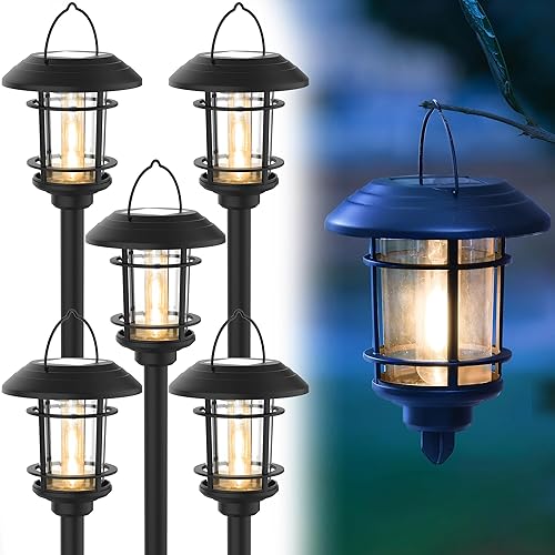 Dynaming Paquete de 6 luces solares de doble uso para caminos al aire libre, faroles colgantes solares de jardín con bombilla Edison, iluminación de