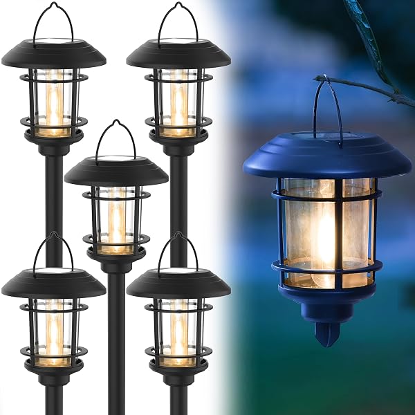 Dynaming 6 Pack Dual Use Solar Path Lights Outdoor, Hanging Lantern Solar Garden Light with Edison Bulb, Pathway Markers