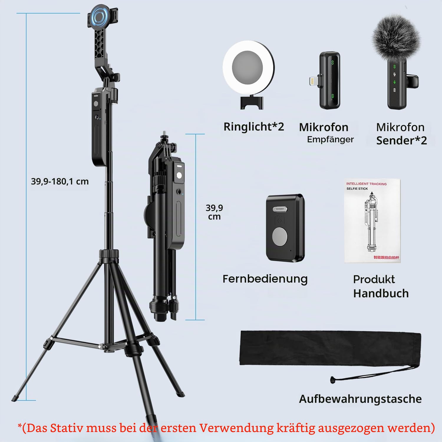 yAyusi Vlogging-Kit, YouTube-Starter-Kit, 180cm 360° Drehung Auto Face Tracking Handy Stativ für iPhone mit Licht, Kabellosem Mikrofon/Fernbedienung,Basic-Starter-Kit für Content-Ersteller für YouTube