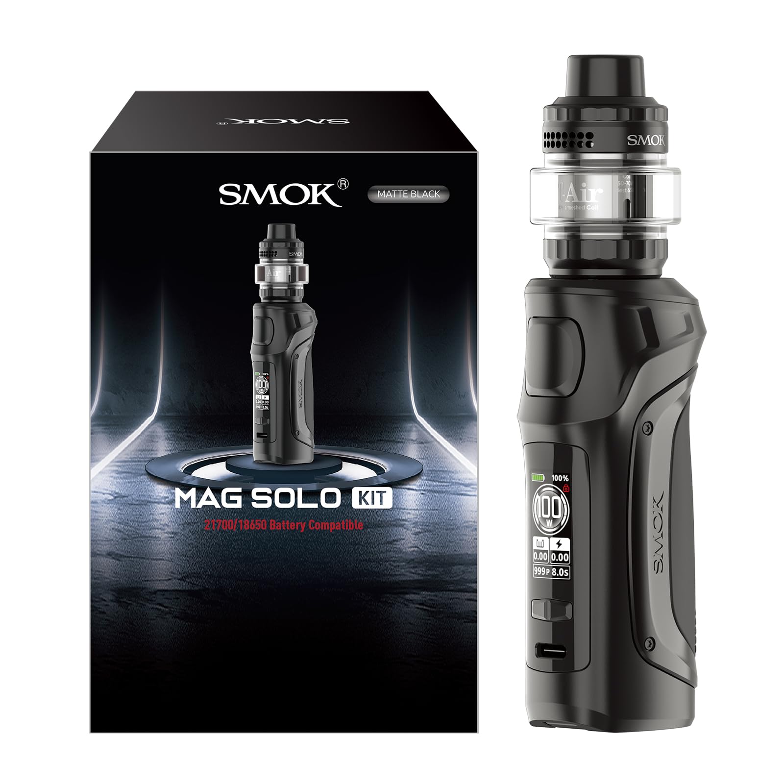 SMOK Mag Solo Mod Kit 100W T-Air Tank 5 ml 21700 18650 ohne Akku Schwarz | TA 0,2 Ohm und 0,4 Ohm Coils, auslaufsicheres Top-Fill-System, TFT-Display, USB-C-Laden, ohne Nikotin