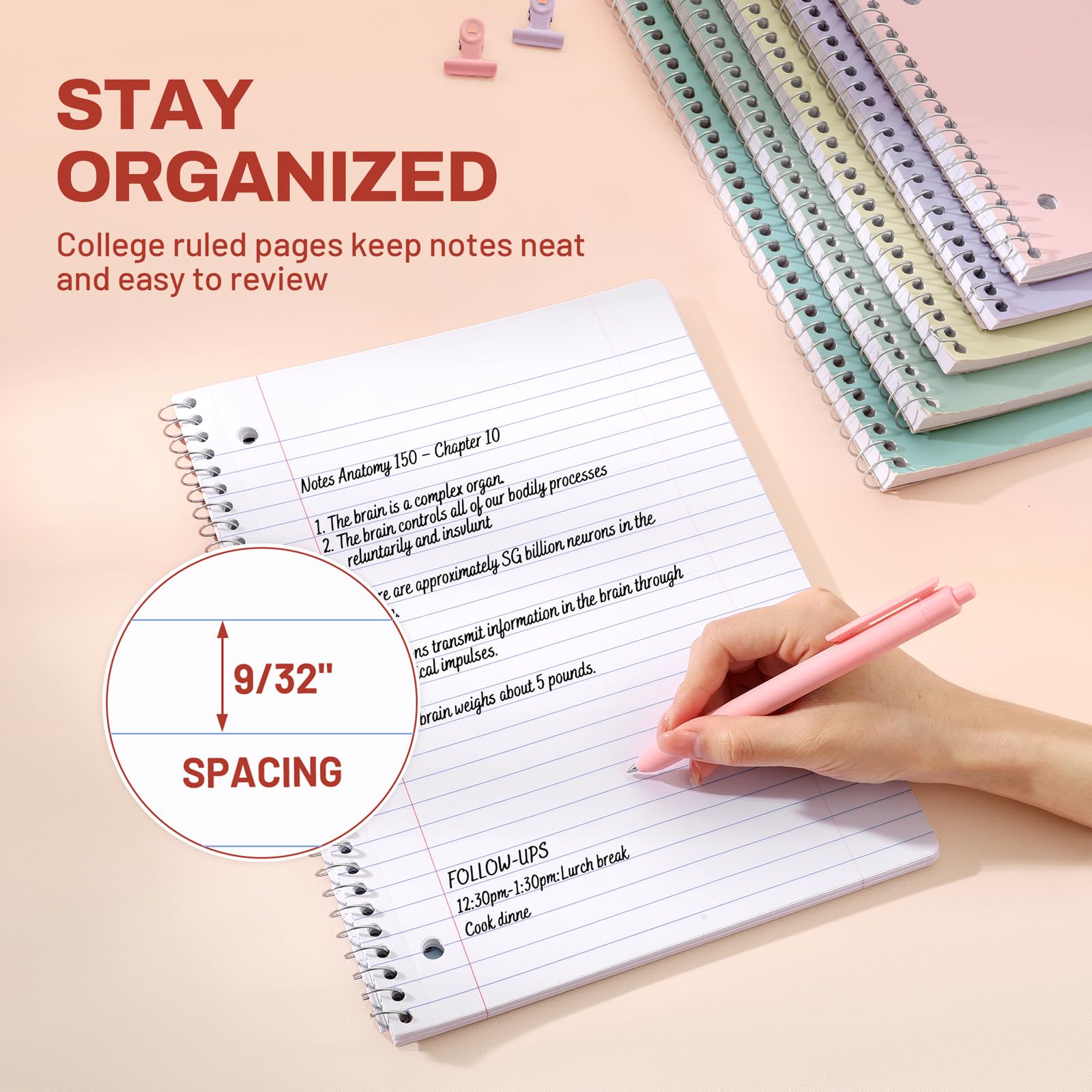 SUNEE Cuadernos en espiral, 1 materia, paquete de 10, papel rayado universitario, 8 x 10-1/2 pulgadas, 70 hojas por cuaderno, papel perforado de 3 agujeros, rosa, morado, azul, verde, amarillo,