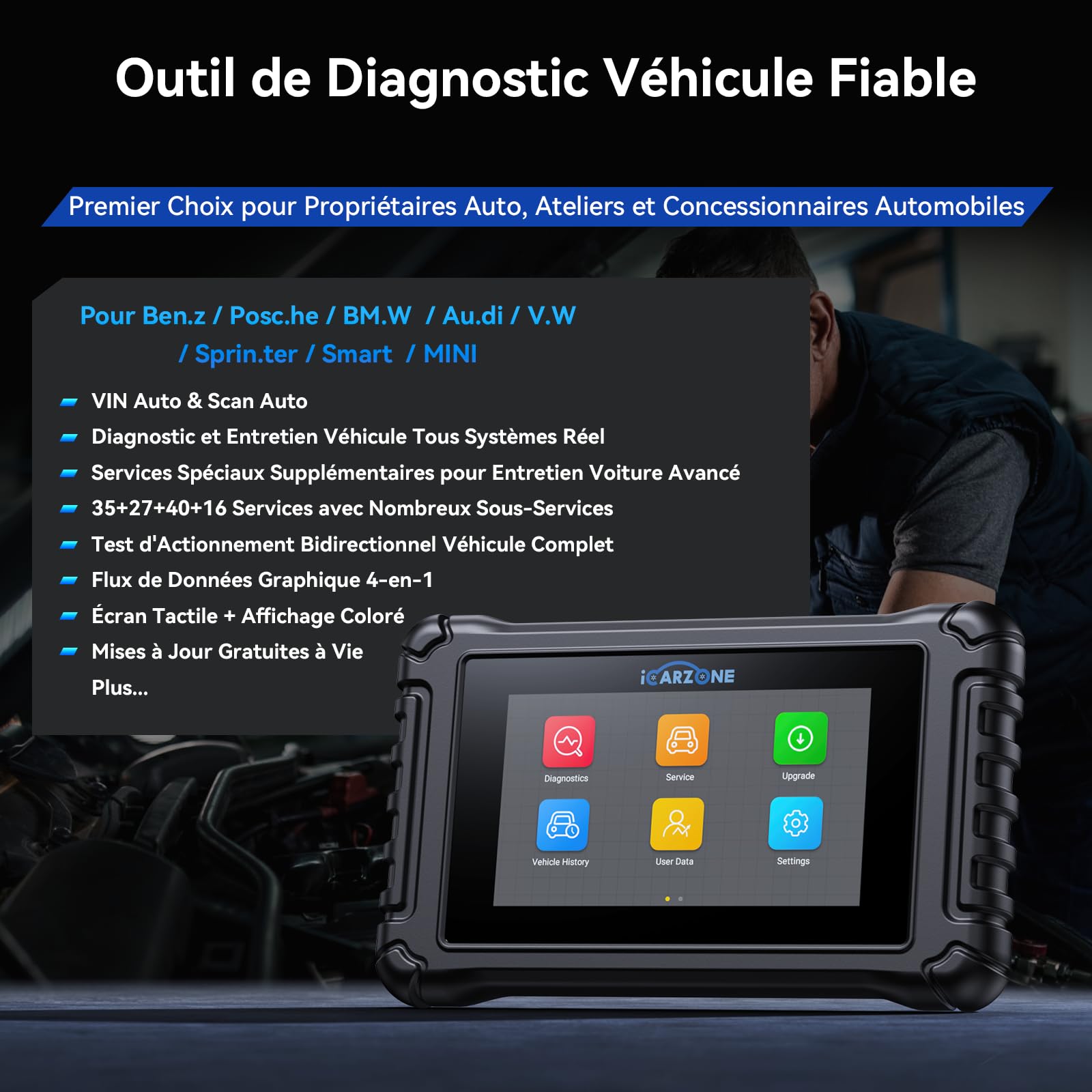 UR400 Valise Diagnostic Auto Multimarque pour Porsche/Benz/BMW/Audi/VW, OBD2 Diagnostic Français pour Tous Les Systèmes, 49 Fonctions pour Maintenance, AutoVIN,Test Actif Bidirectionnel