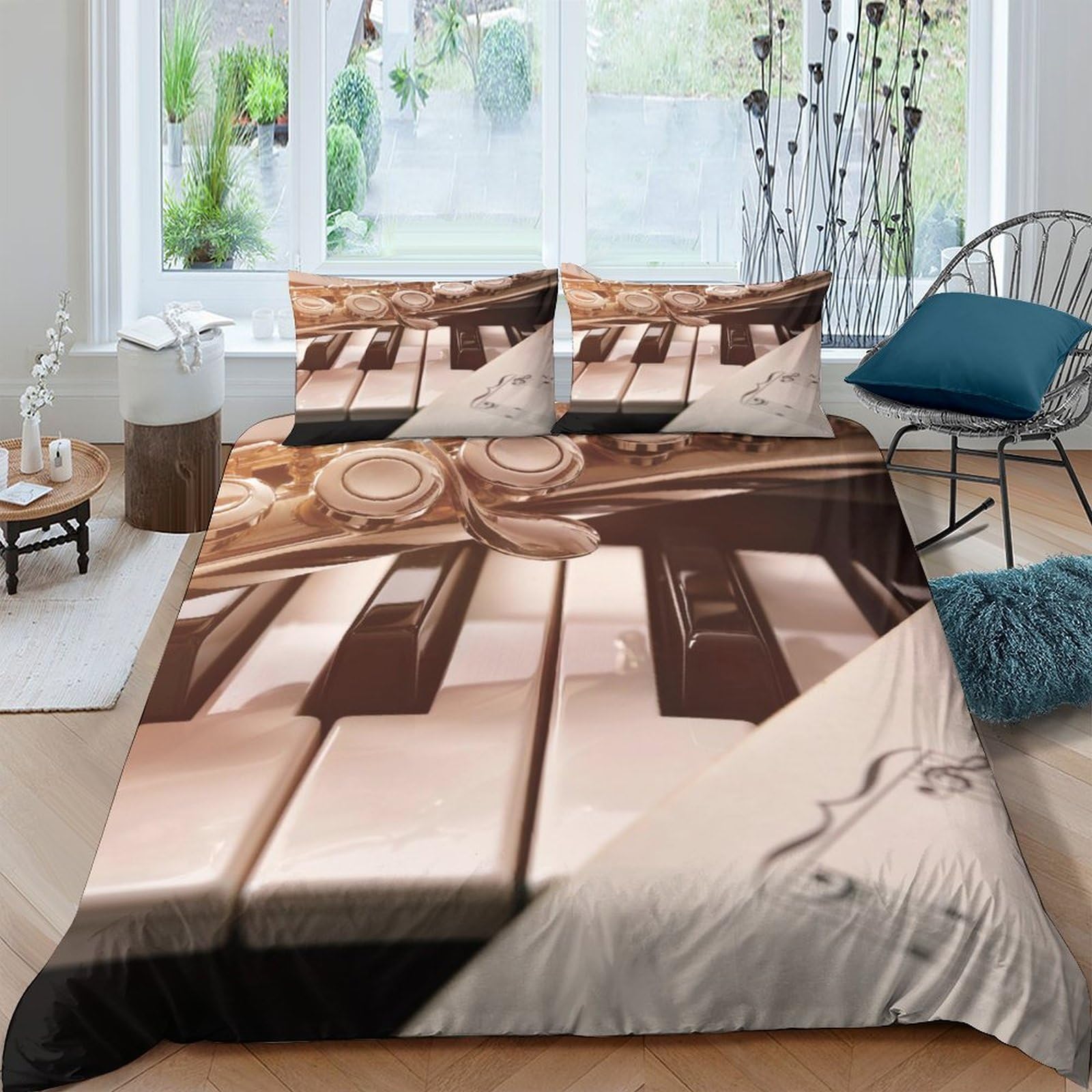 Ctjqhvkz Style-8 3D Printed Piano Keys Fitted Sheet Microfiber Soft Brown Beige Music Notes Mattress Cover For Bedroom Decor Single（135X200cm）