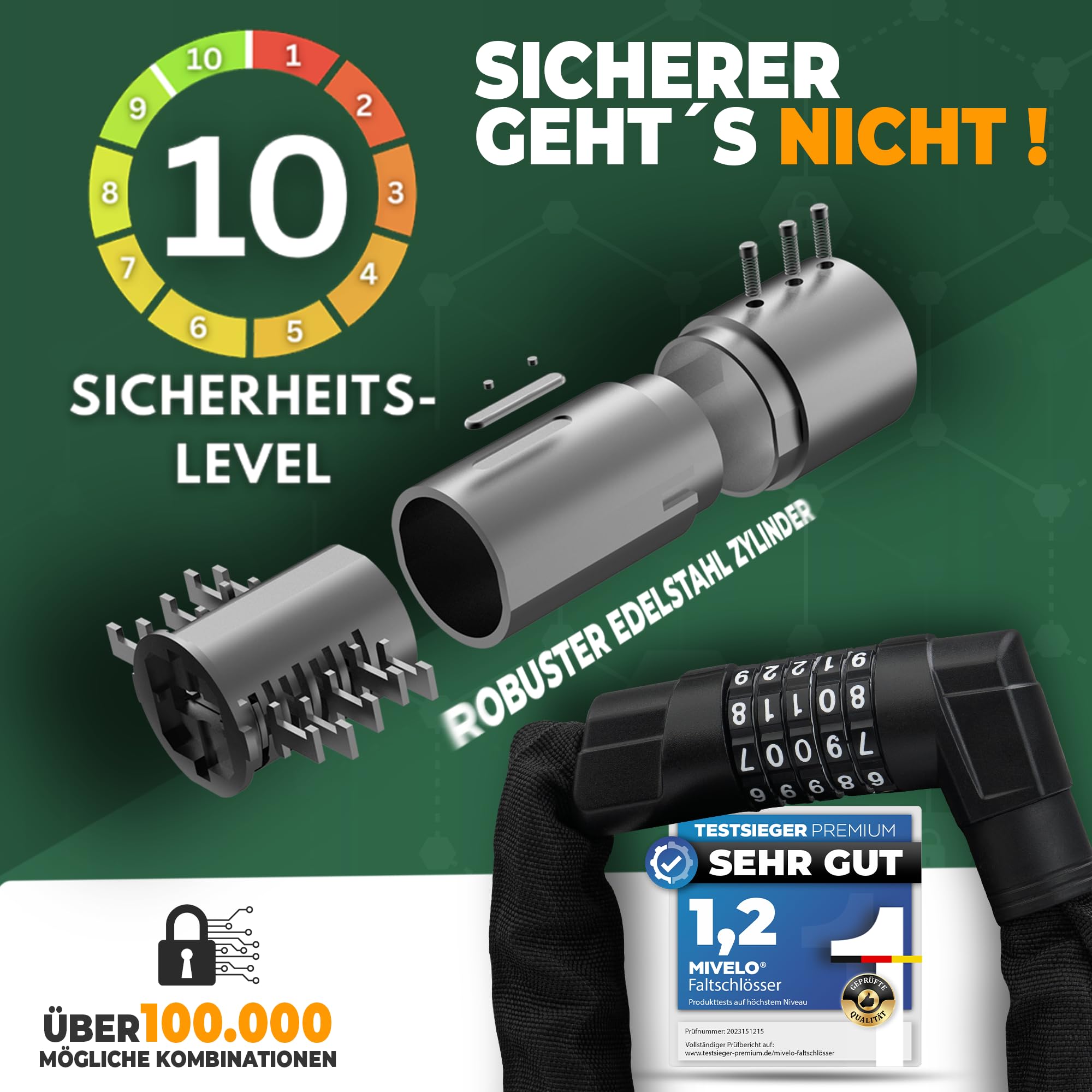 MIVELO Kettingslot voor fiets, hoge veiligheid, 100 cm lang, fietsslot van 8 mm gehard staal, ideaal voor e-bike, mountainbike en racefiets (met sleutel en ledverlichting