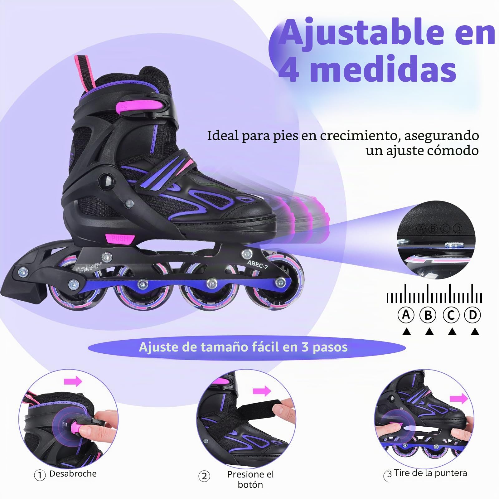 BELEEV Patines en Línea para Niños con Cordones y Ruedas Luminosas LED, Austables Patines Ideal para Niña Niño Principiantes Hombres Mujeres, Interiore Exteriores, Regalos cumpleaños Navidad