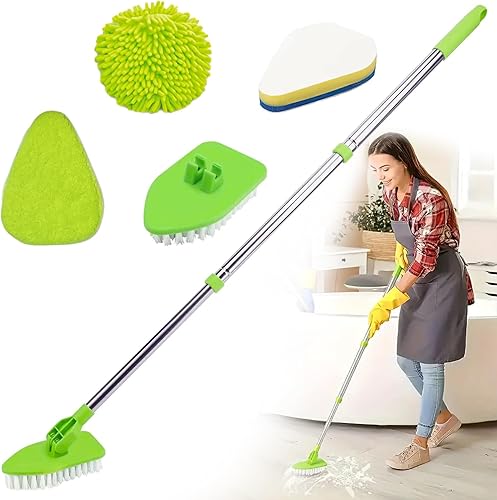 Limpiador de suelo de azulejos 4 en 1 con mango largo ajustable de 52 pulgadas con cepillo de lechada en forma de V y 3 cabezales de cepillo de