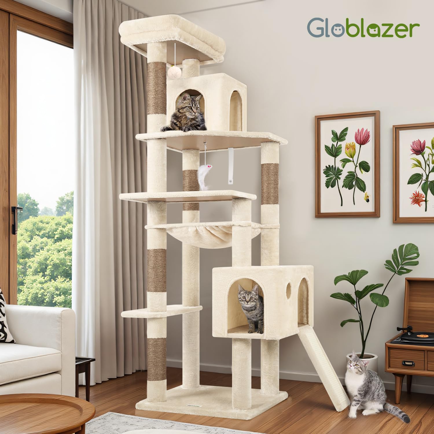 Globlazer Arbre a Chat Grand Hauteur 178 cm avec Doux Hamac, 2 Grandes Niches, Plateforme, Pente Sisal Peluche, Jouets, Arbres à Chat Coin Solide pour Gros Chats Repos Jeu Escalade (F70 Pro, Beige)