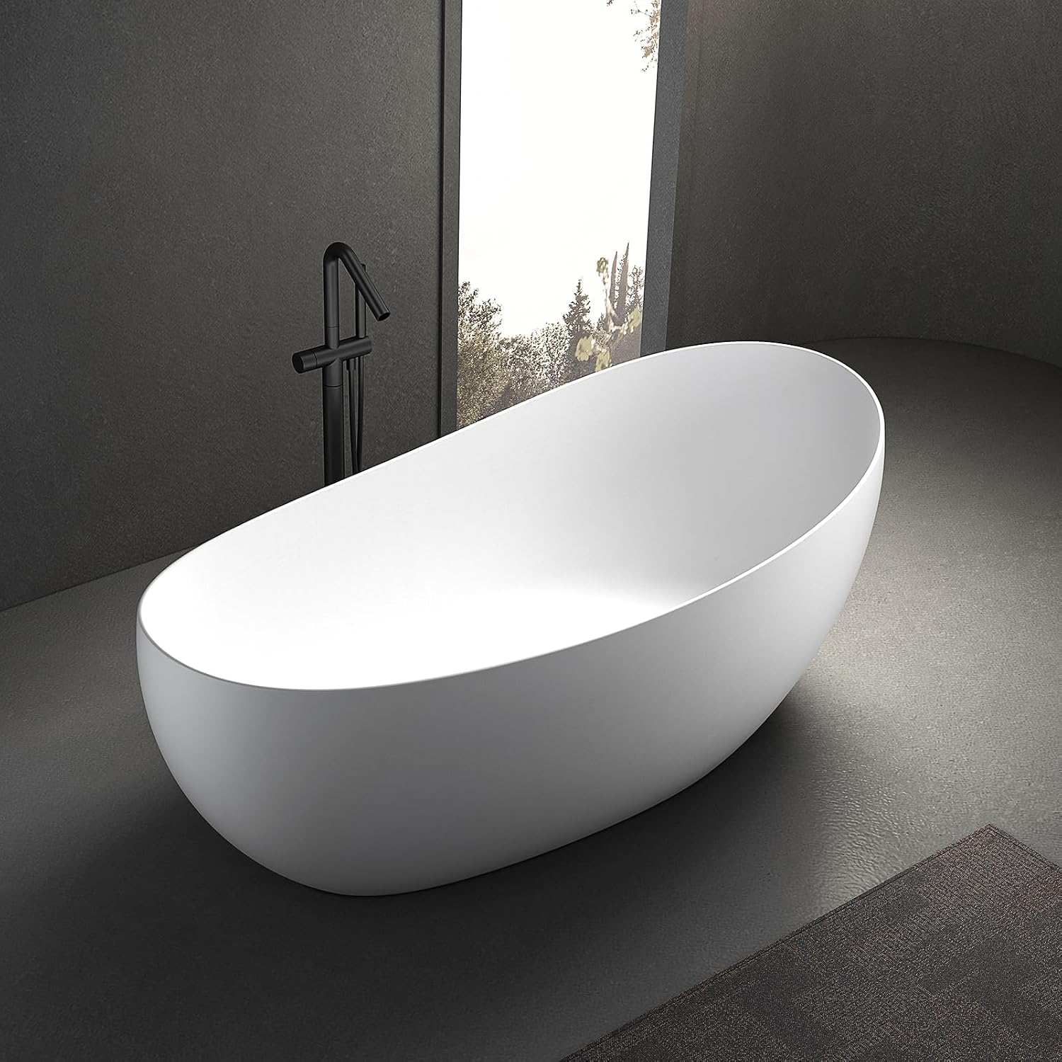 Homevacious 63 inch Stone Resin Bathtub Solid Surface Freestanding Tub with Overflow and Pop-up Drain White Oval Shape Soaking Bathtub