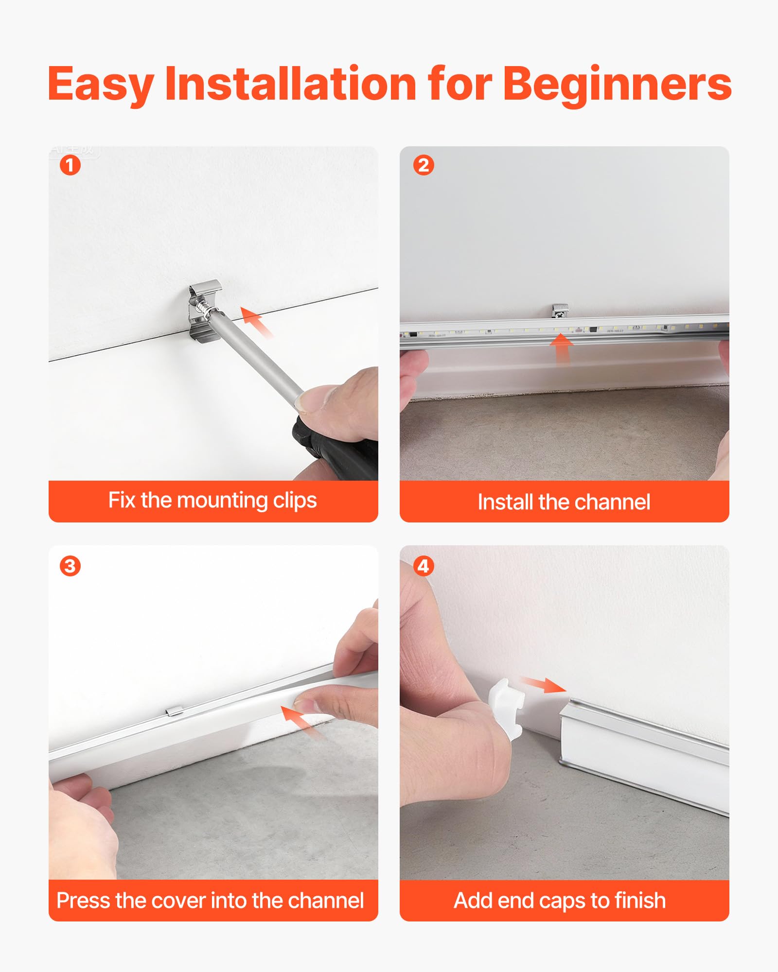 VEVOR Set di Profili per Strisce LED in Alluminio 10 pezzi Lunghezza 2 m, Profili a Forma di U per Strisce LED, Illuminazione Sottopensile Striscia Luci da Cucina, Canali Protezione Luci 2 m