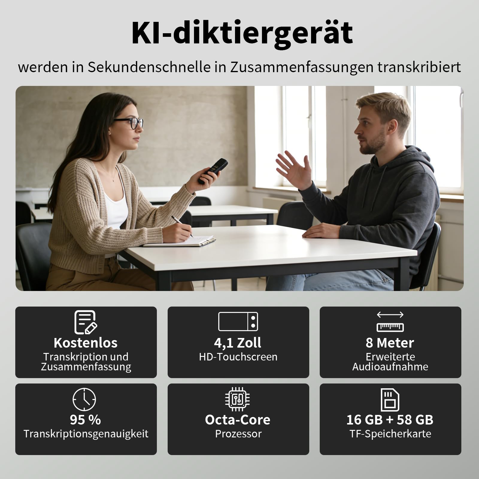 Note AI Digitales Diktiergerät mit Playback,80GB aufnahmegerät Unterstützt kostenlose Online-Transkription, Zusammenfassung und Übersetzung in 134 Sprachen,Voice Recorder Für Meetings/Vorlesungen