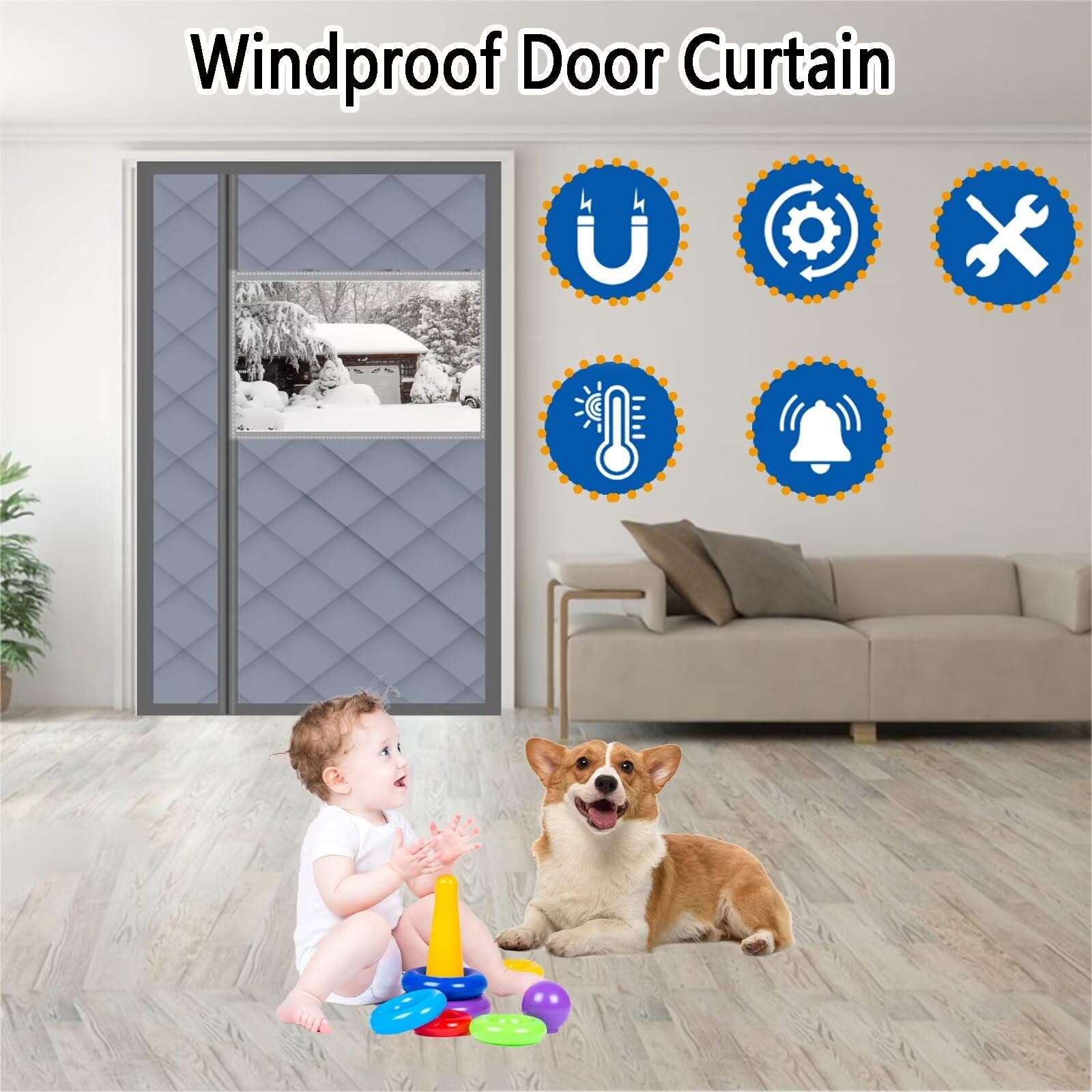 Tenda della Porta Inverno con finestra di visualizzazione,Marrone 180x240cm Apertura laterale,Impermeabile Termica e Isolante Tende Divisorie Chiusura Automatica,per Porte d'Ingresso,Cortili Porte