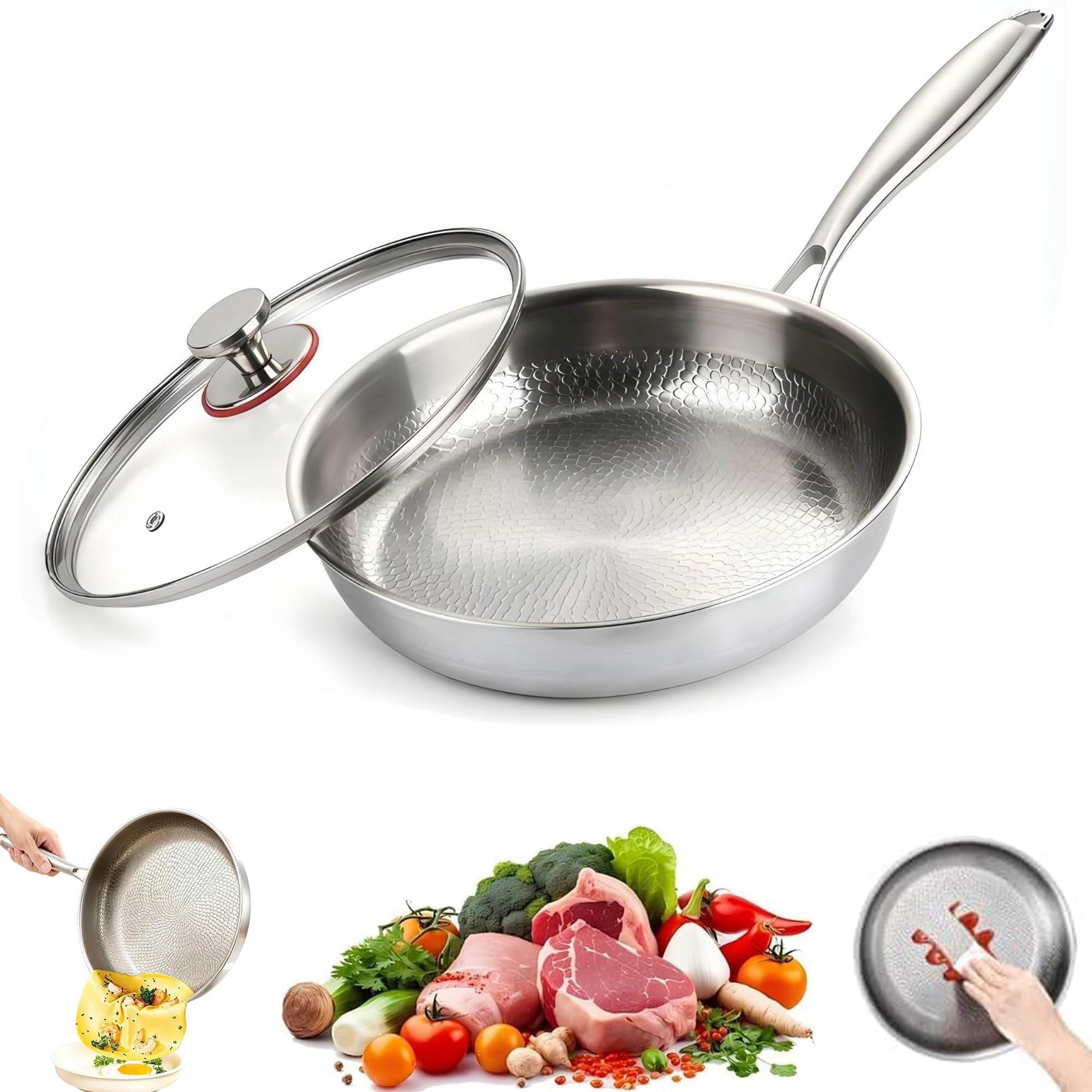 Longwell Titanium Frying Pan with Lid,Japanese Hand-Hammered Skillet，24cm
