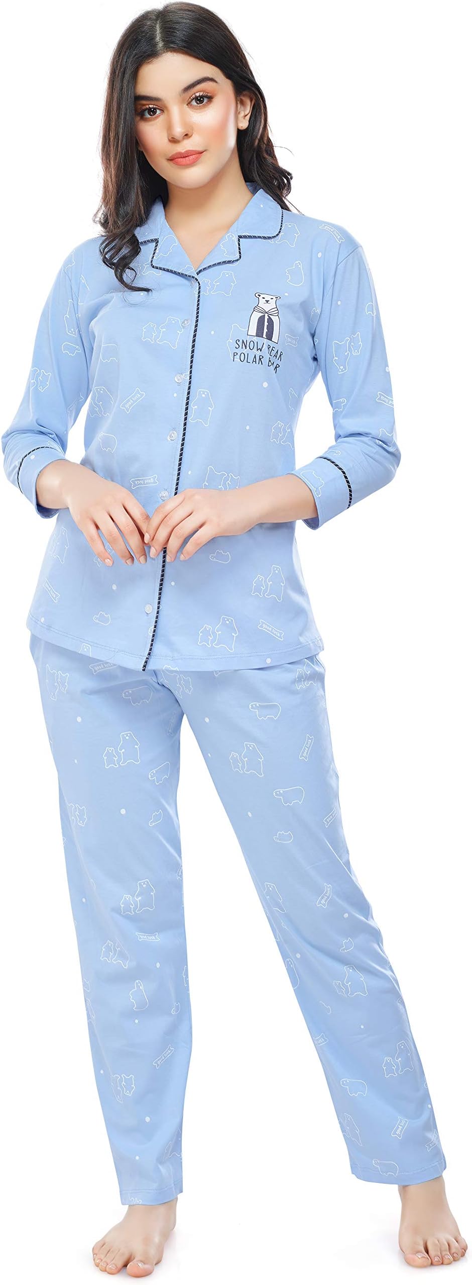 ZEYOWomen's Cotton Panda Printed Night Suit Set of Shirt & Pyjama 5270
