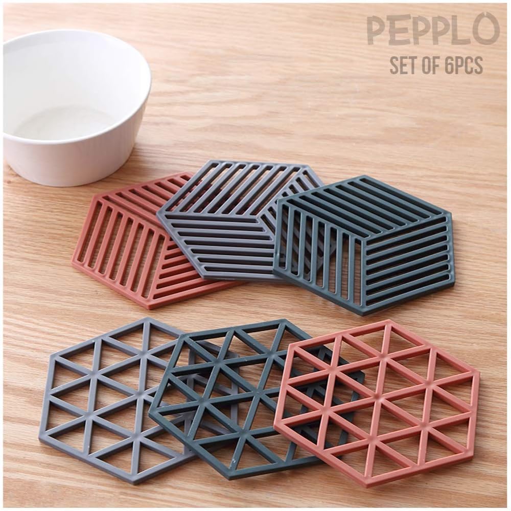 Trivet Mats,6 Pack Silicone Table Mats Heat Resistant Hot Pans Non-Slip Pot Holders Placemat for Bowl Dishes Kitchen Cooking Dining - Triangle & Line Mix