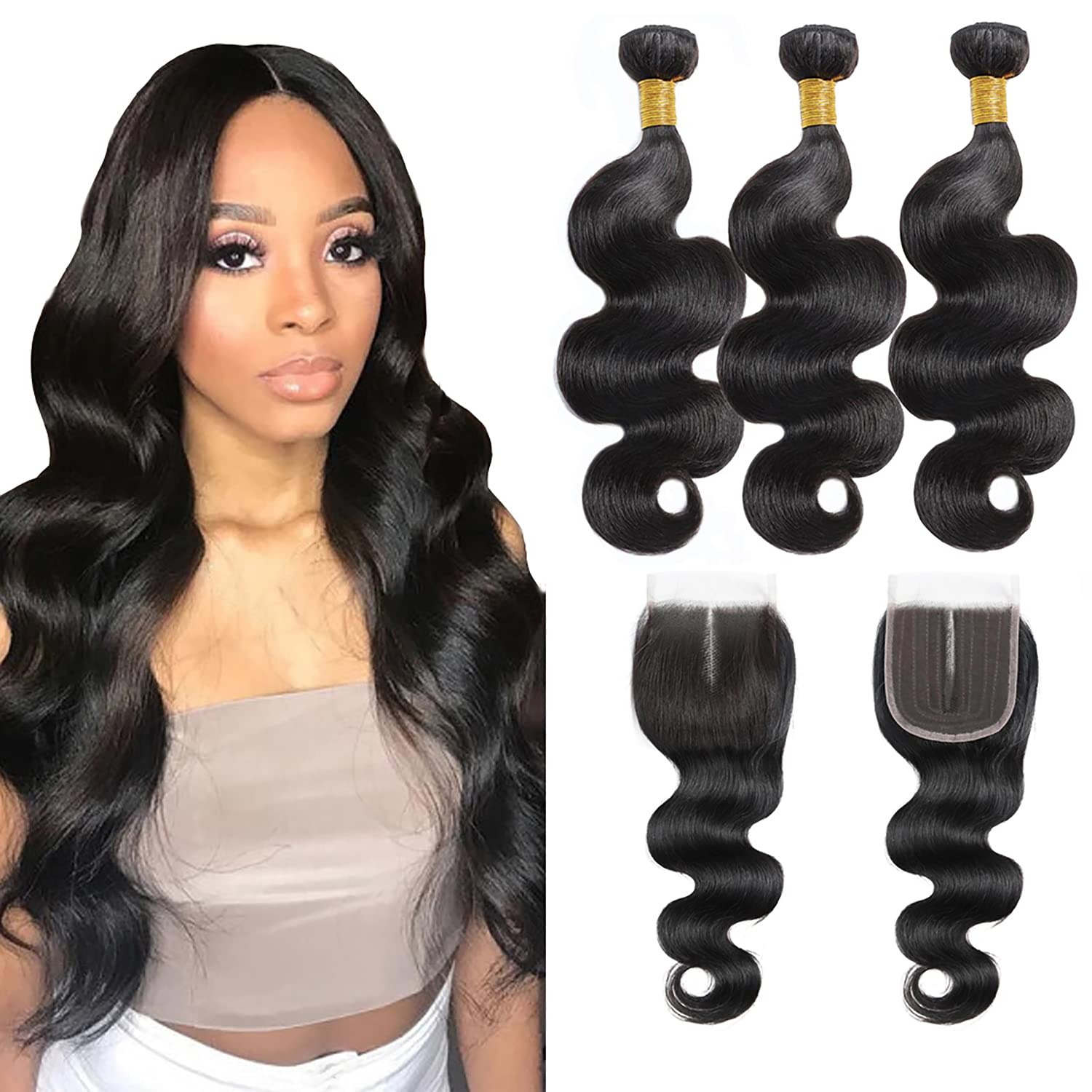 3 Bundles Body Wave with Closure(16 18 20+14, Middle Part) 100% Unprocessed Virgin Human Hair Extensions, Brazilian Human Hair Body Wave Bundles With 4X4 Closure Natural Black