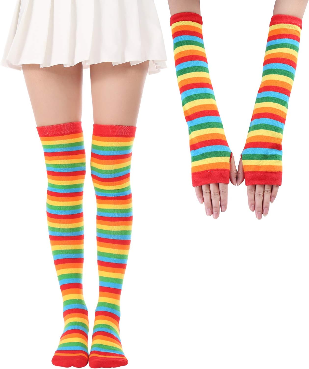 Over Knee Long Sock Striped Mardi Gras Socks St. Patrick's Day Stockings (Rainbow Gloves Socks Sets)