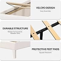 Vista 5 de Marco de cama tamaño matrimonial con luces LED, base de cama plataforma tapizada en terciopelo con cabecero y estribo abotonado, soporte de listones