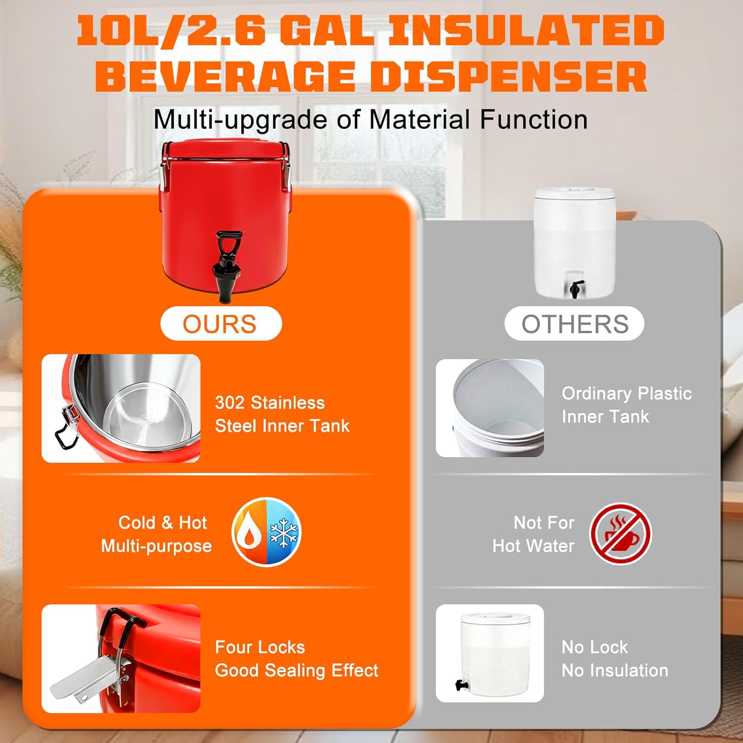 2.6 Gallon Insulated Beverage Dispenser, Drink Dispenser with 304 Stainless Steel Interior and Spout, Portable Hot and Cold Water Dispensers for Parties Outdoors Camping - Image 2