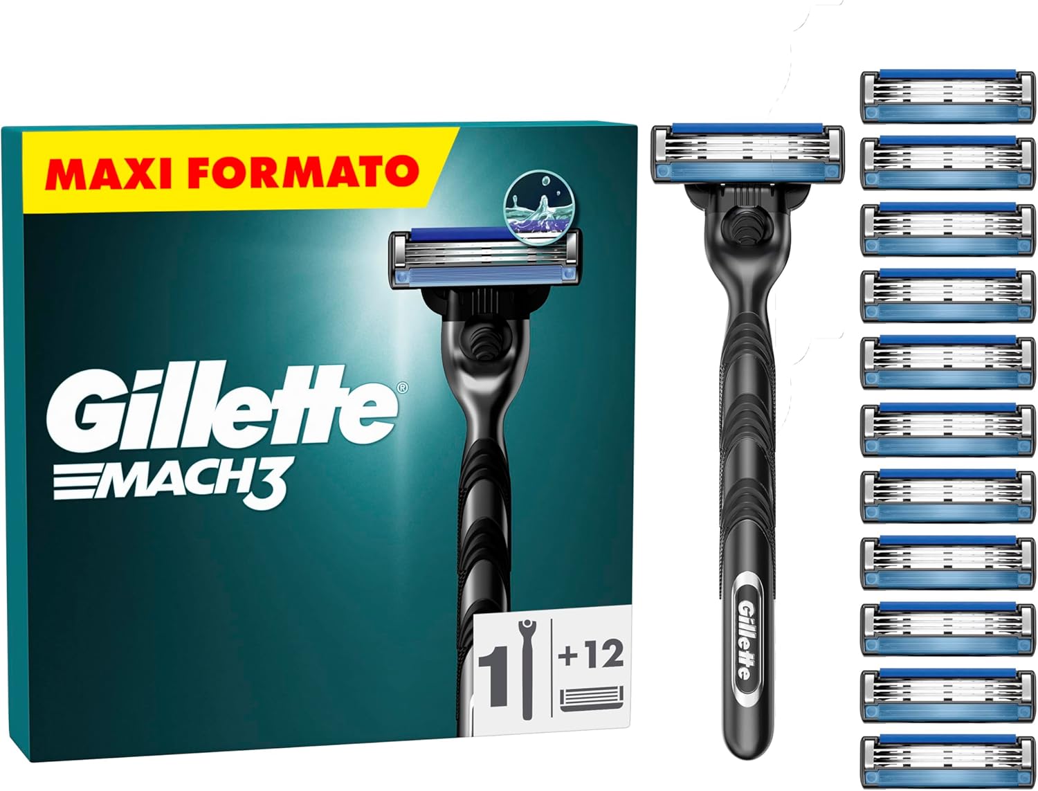 Gillette Mach3 Rasoio standard da uomo in edizione speciale UEFA Champions League, 1 rasoio, 12 lame di ricambio con striscia scorrevole e rivestimento della lama, con cappuccio protettivo da viaggio