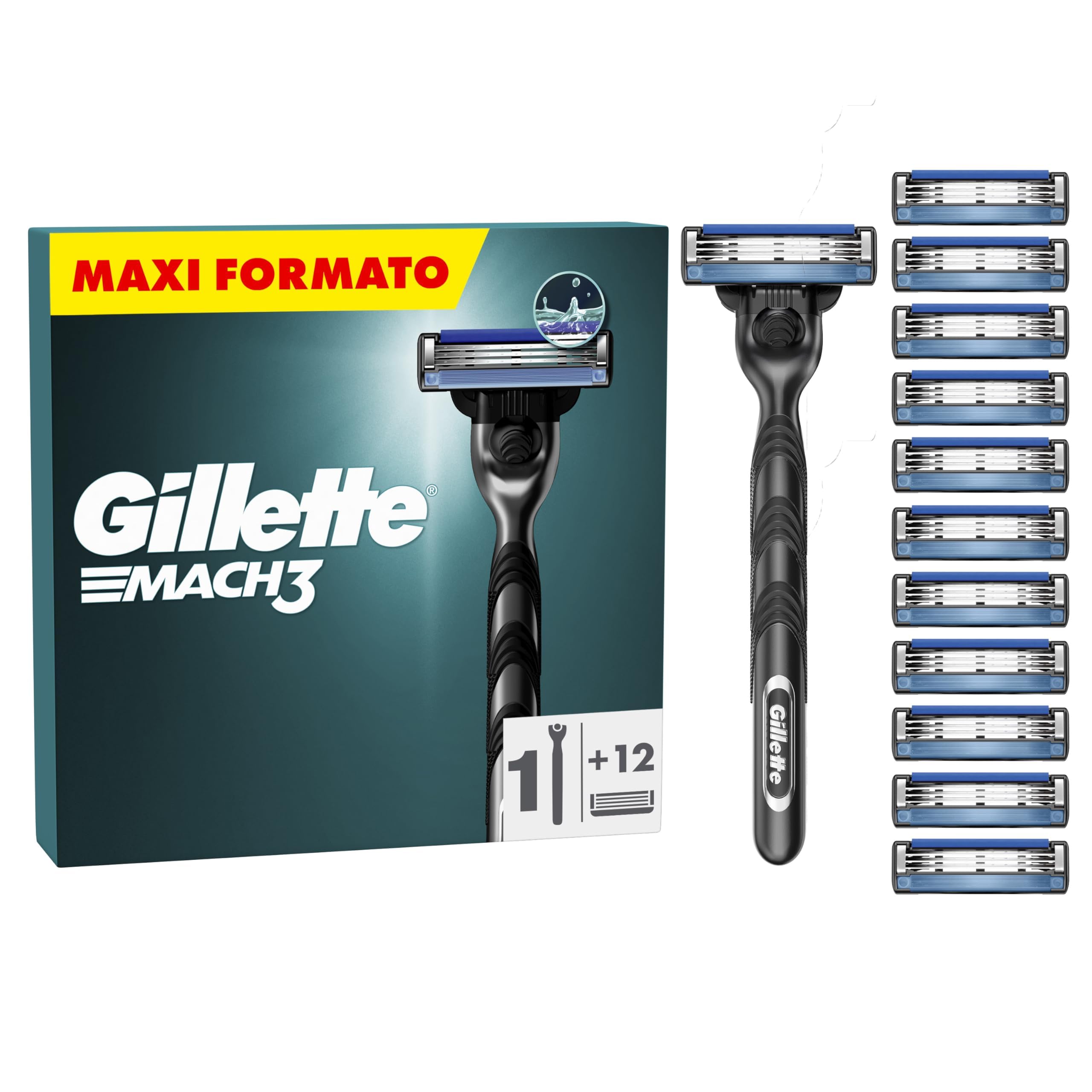 Gillette Mach3 Men's UEFA Champions League Special Edition Standard Razor, 1 Razor, 12 Replacement Blades with Sliding Strip and Blade Lining, with Travel Protective Cap