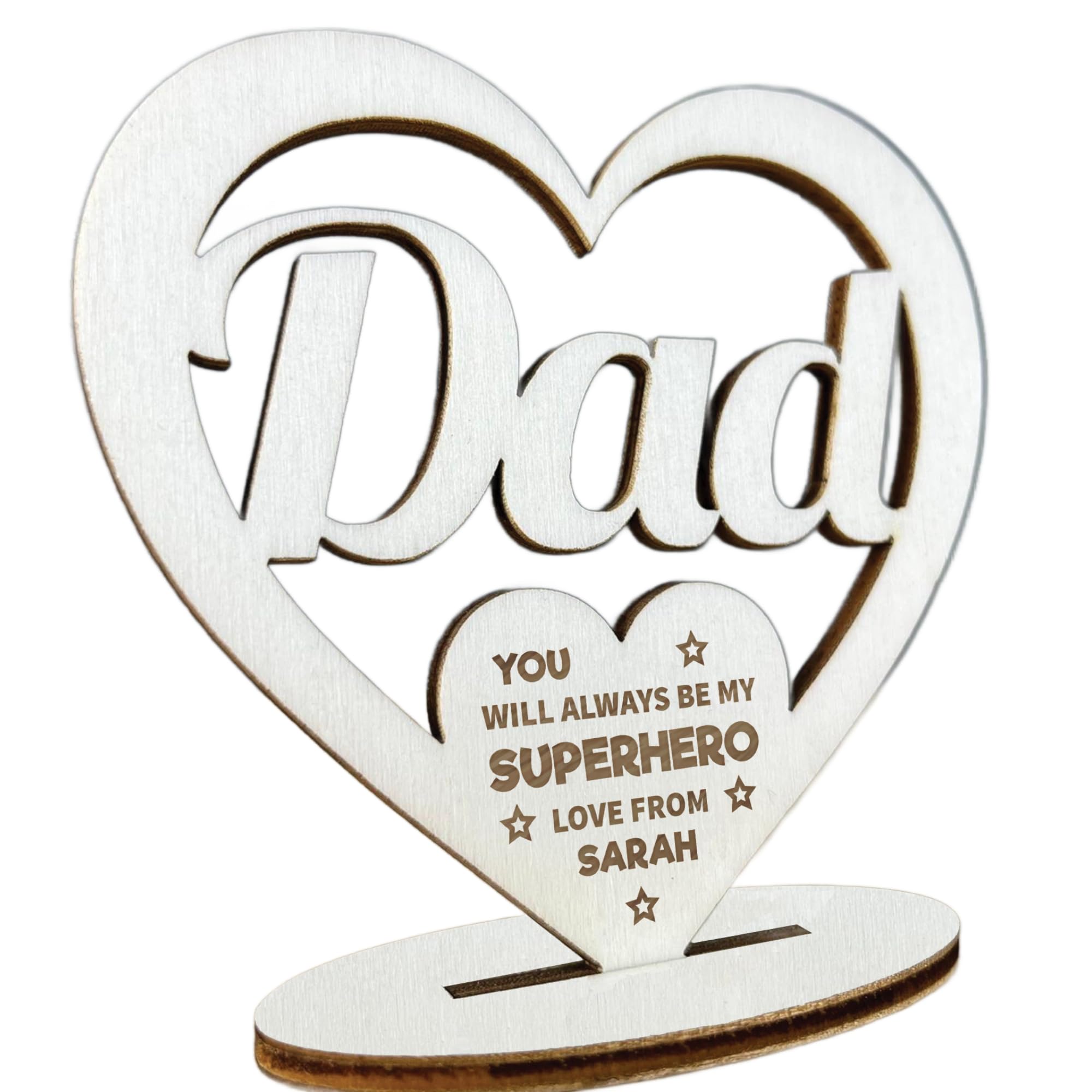 Fathers Day Superhero Gift, Wood Heart, Dad Birthday From Daughter Son, Personalised Dad Gift, For Dad Novelty, Thank You For Dad