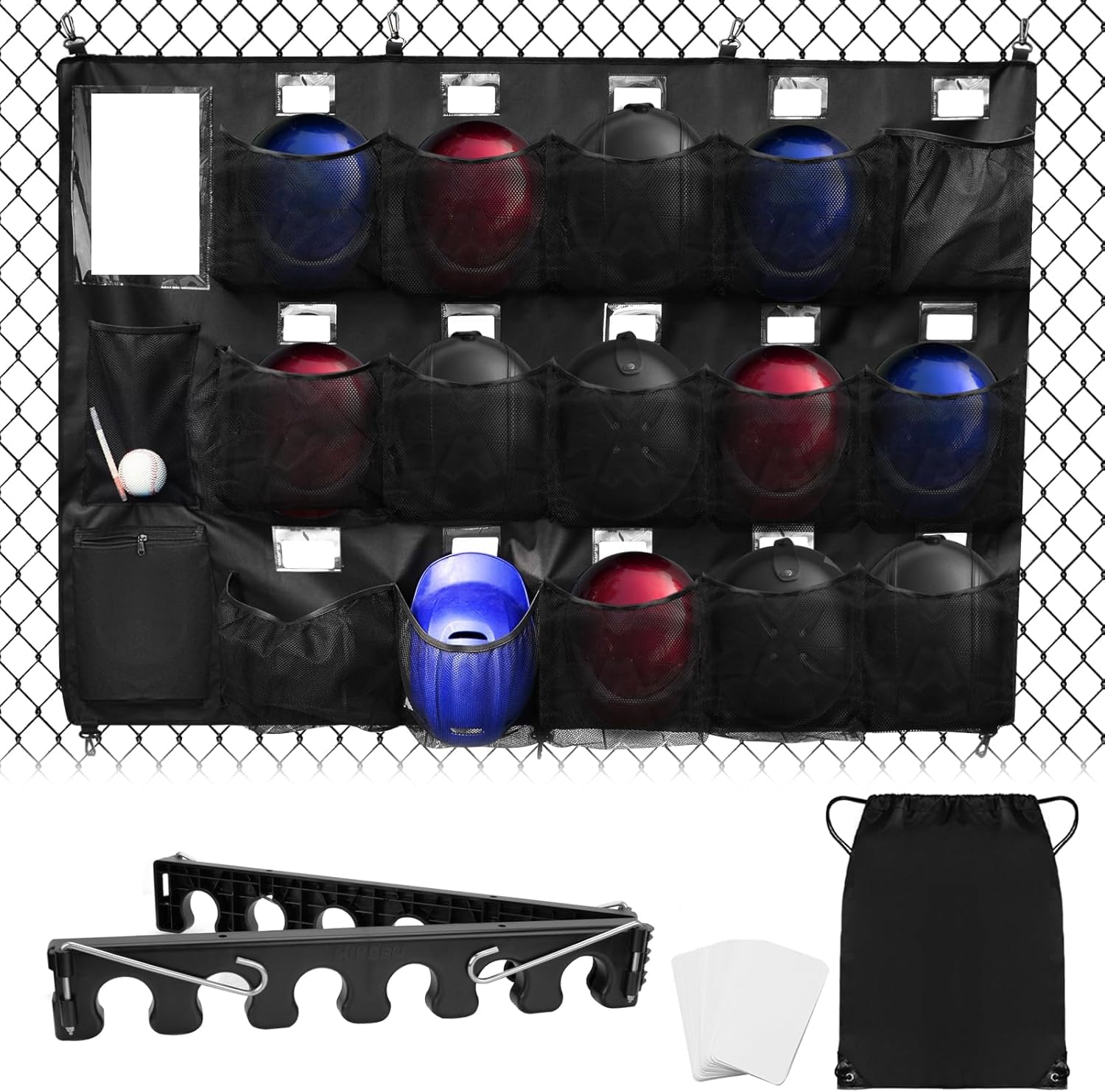 BOOSTEADY Set Completo Organizzatore per Caschi da Baseball con Rastrelliera per Mazze, Borsa di Trasporto e Targhette Nome, Sistema di Stoccaggio Pratico per l'Attrezzatura da Squadra