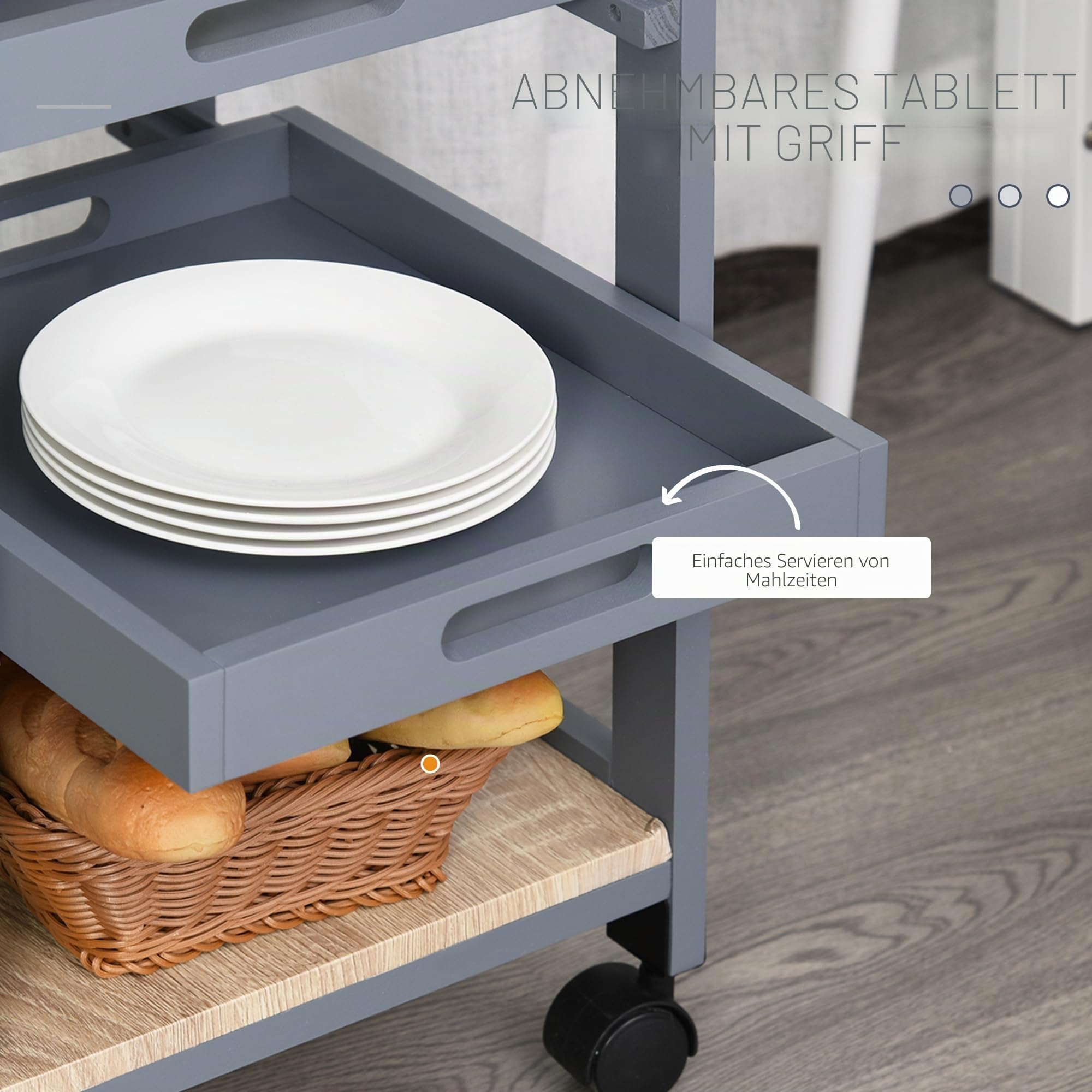 HOMCOM Servierwagen Küchenwagen mit Rollen 2 abnehmbare Tabletts, Schublade, Regal helle Eiche Holz Kiefer grau