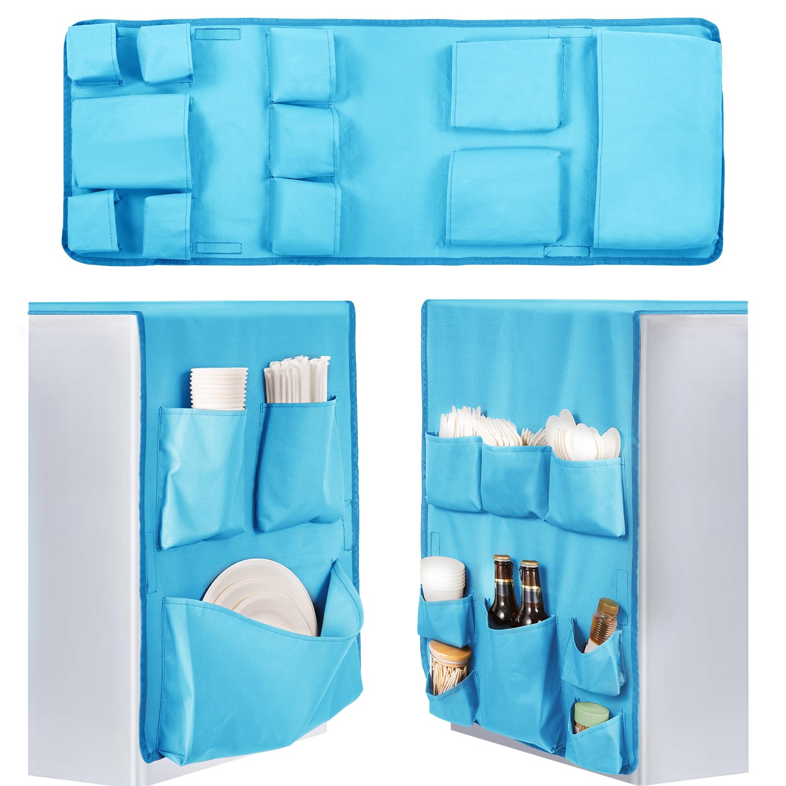 Extended Mini Fridge Caddy Organizer - 55" x 16.5" Back to School Dorm and Office Over the Fridge Storage Organizer with 11Pockets for Flatware Drink Paper Goods, College Must Have, Blue